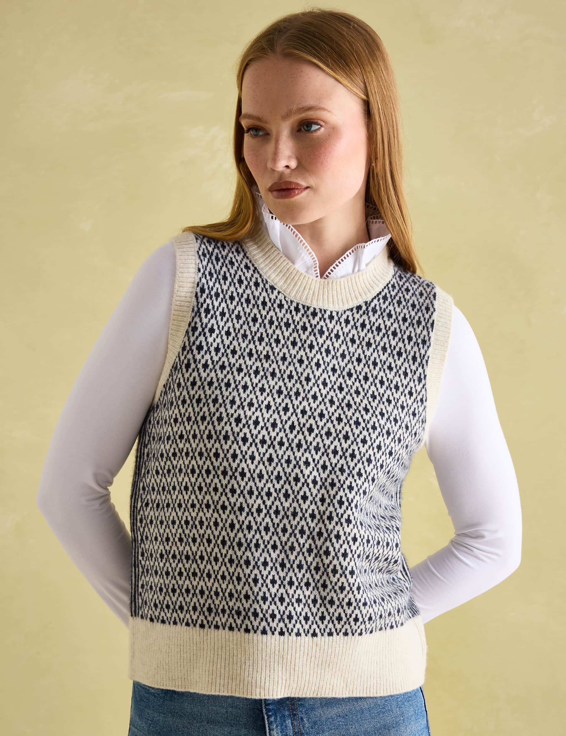 Joules Women's Geometric Knitted Vest with Wool - 18 - Cream Mix, Cream Mix