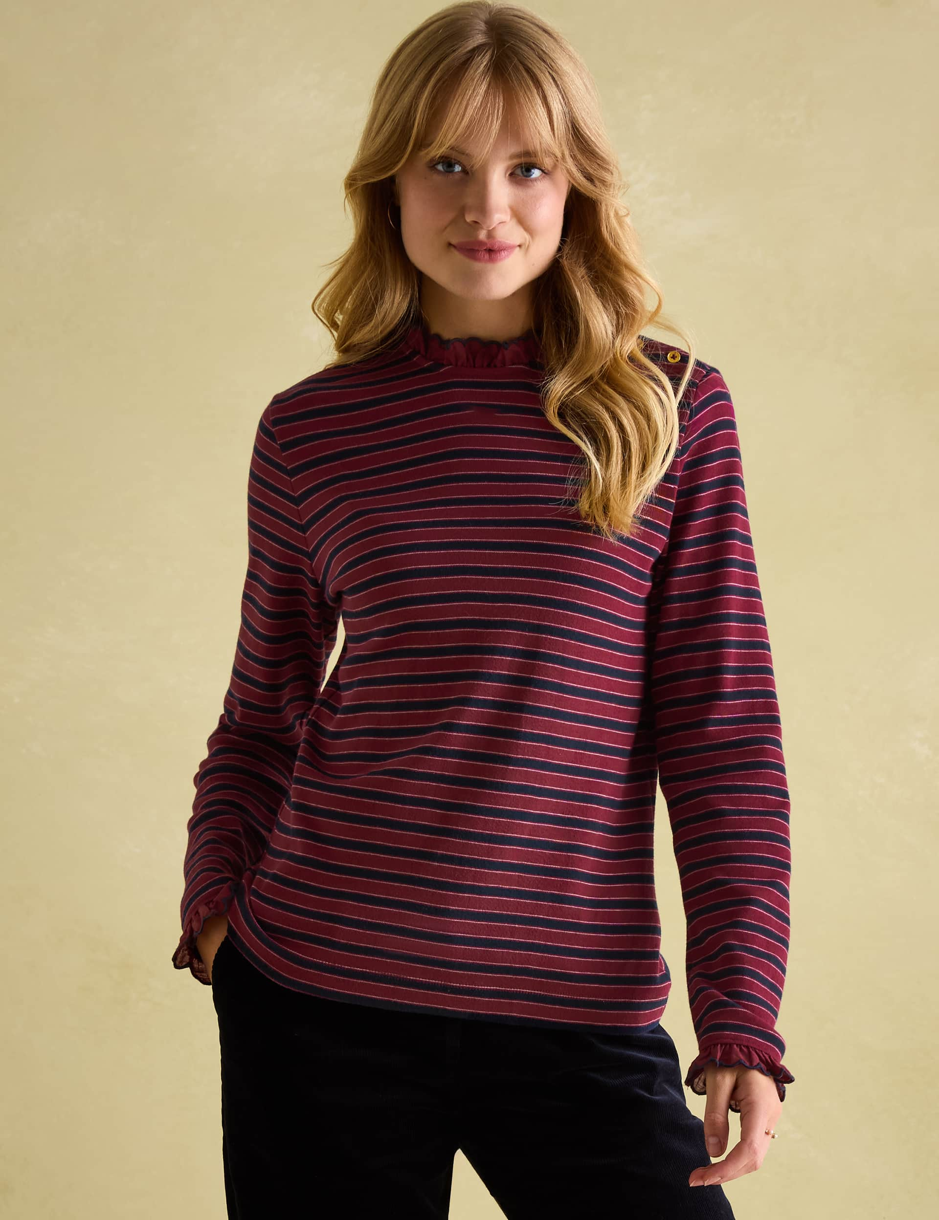 Joules Women's Pure Cotton Striped Crew Neck Top - 12 - Red Mix, Red Mix