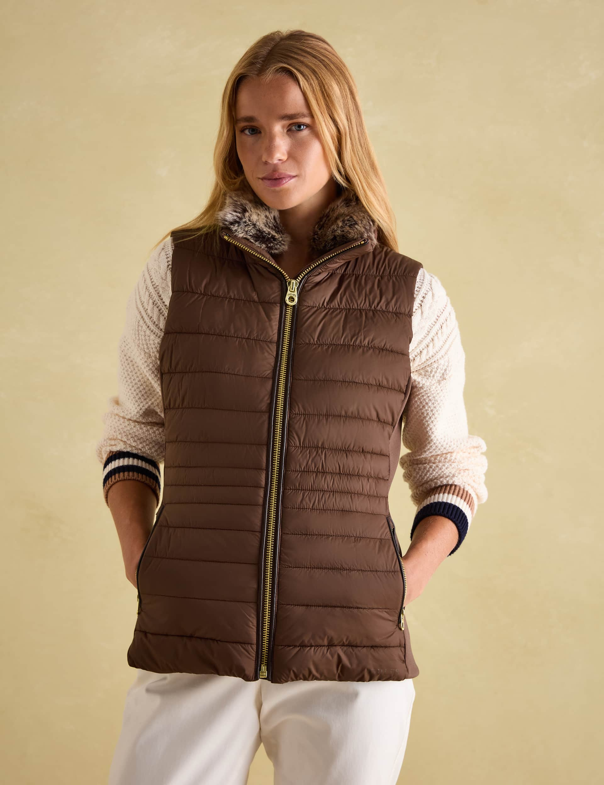 Joules Women's Showerproof Padded Faux Fur Collar Gilet - 12 - Brown, White,Brown