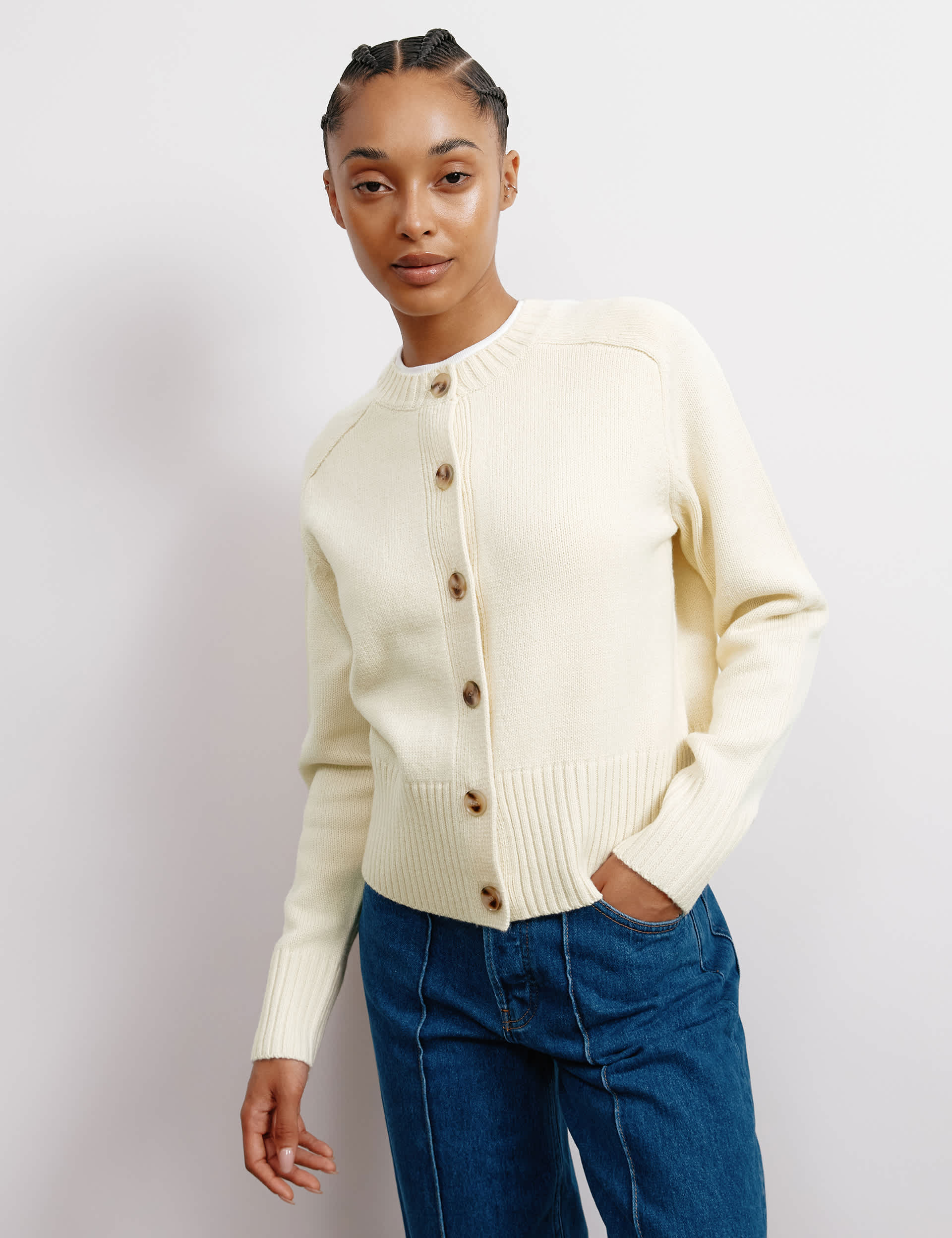 Albaray Women's Crew Neck Button Through Cardigan with Wool
