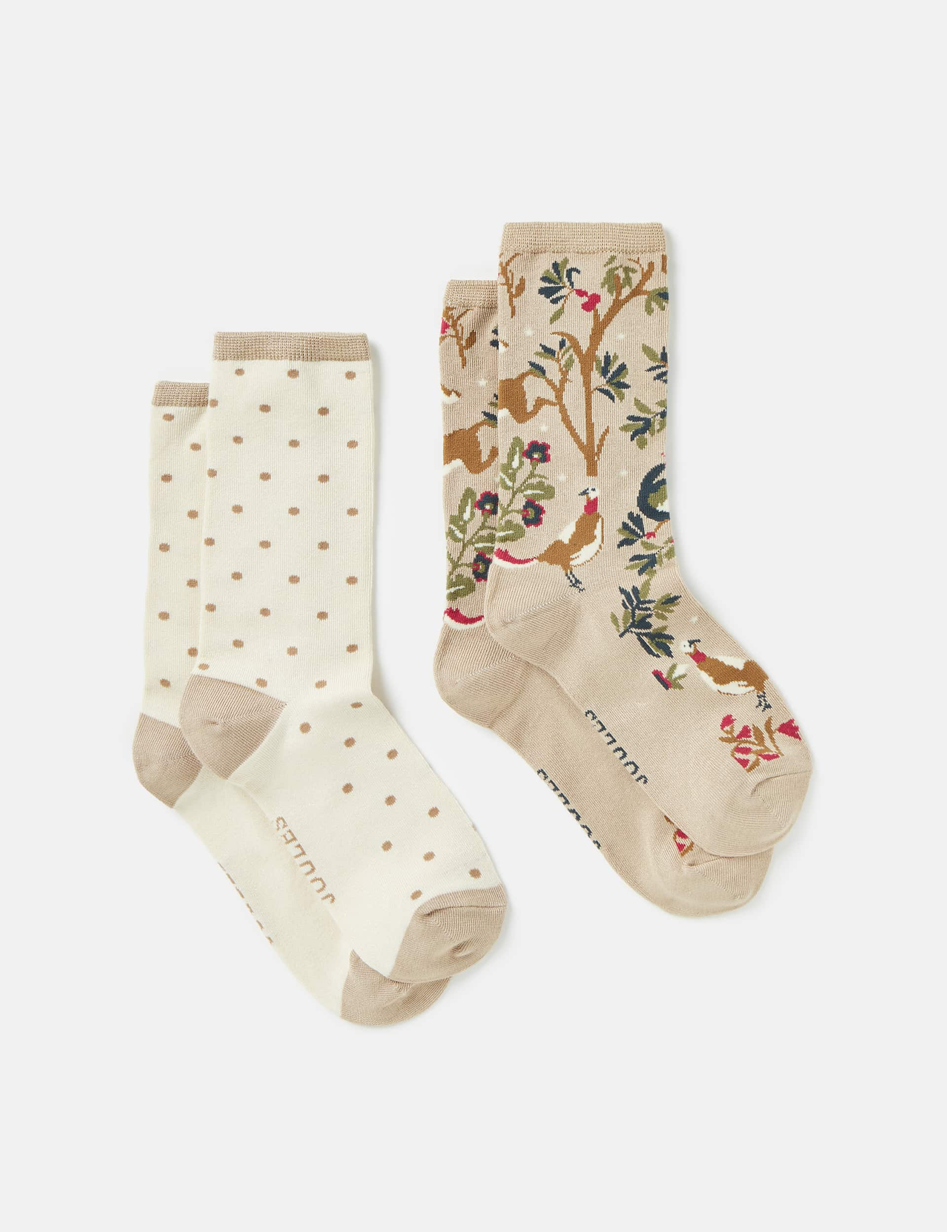 Joules Women's 2pk Polka Dot and Woodland Ankle High Socks - Neutral, Neutral