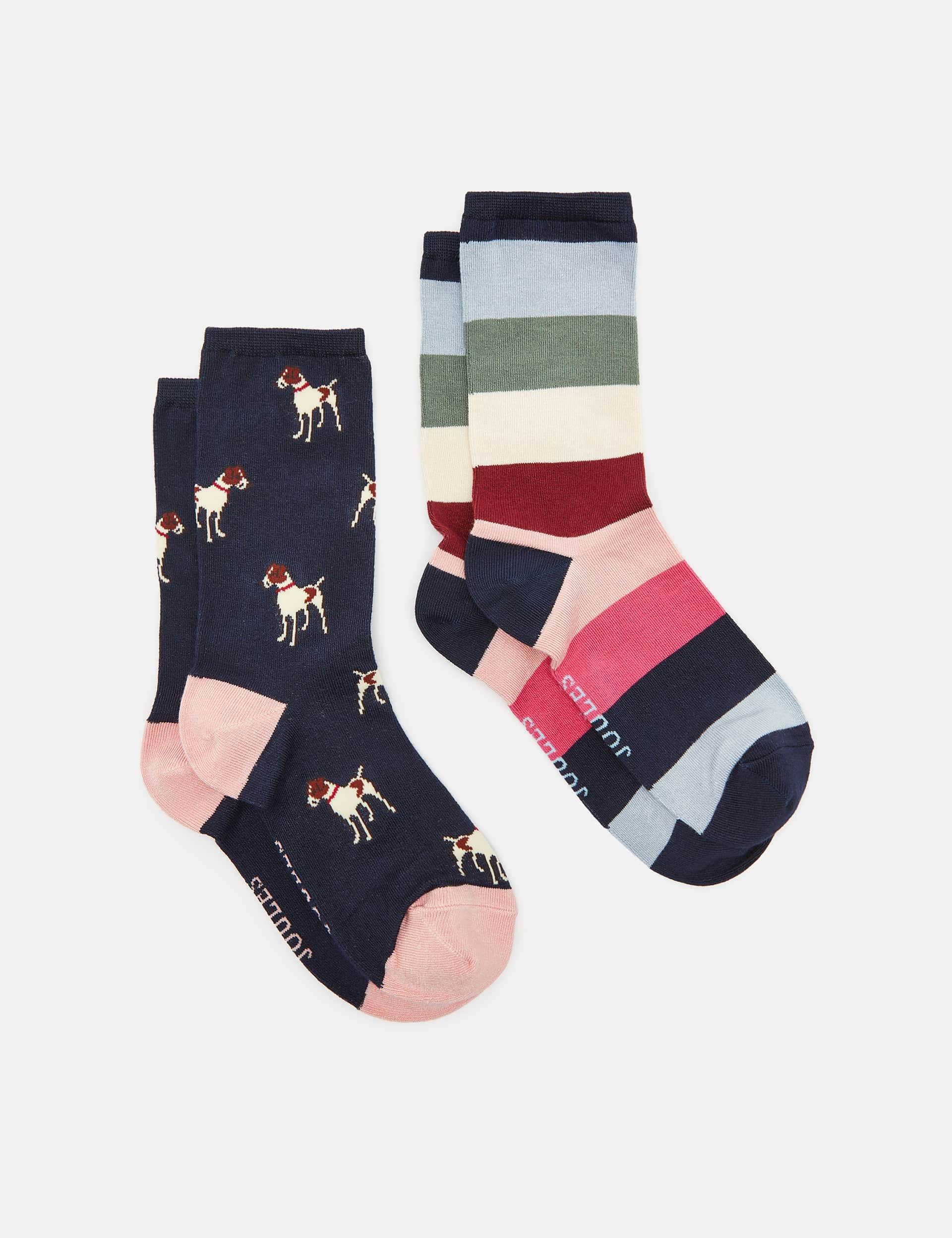 Joules Women's 2pk Patterned Ankle High Socks - Navy Mix, Navy Mix