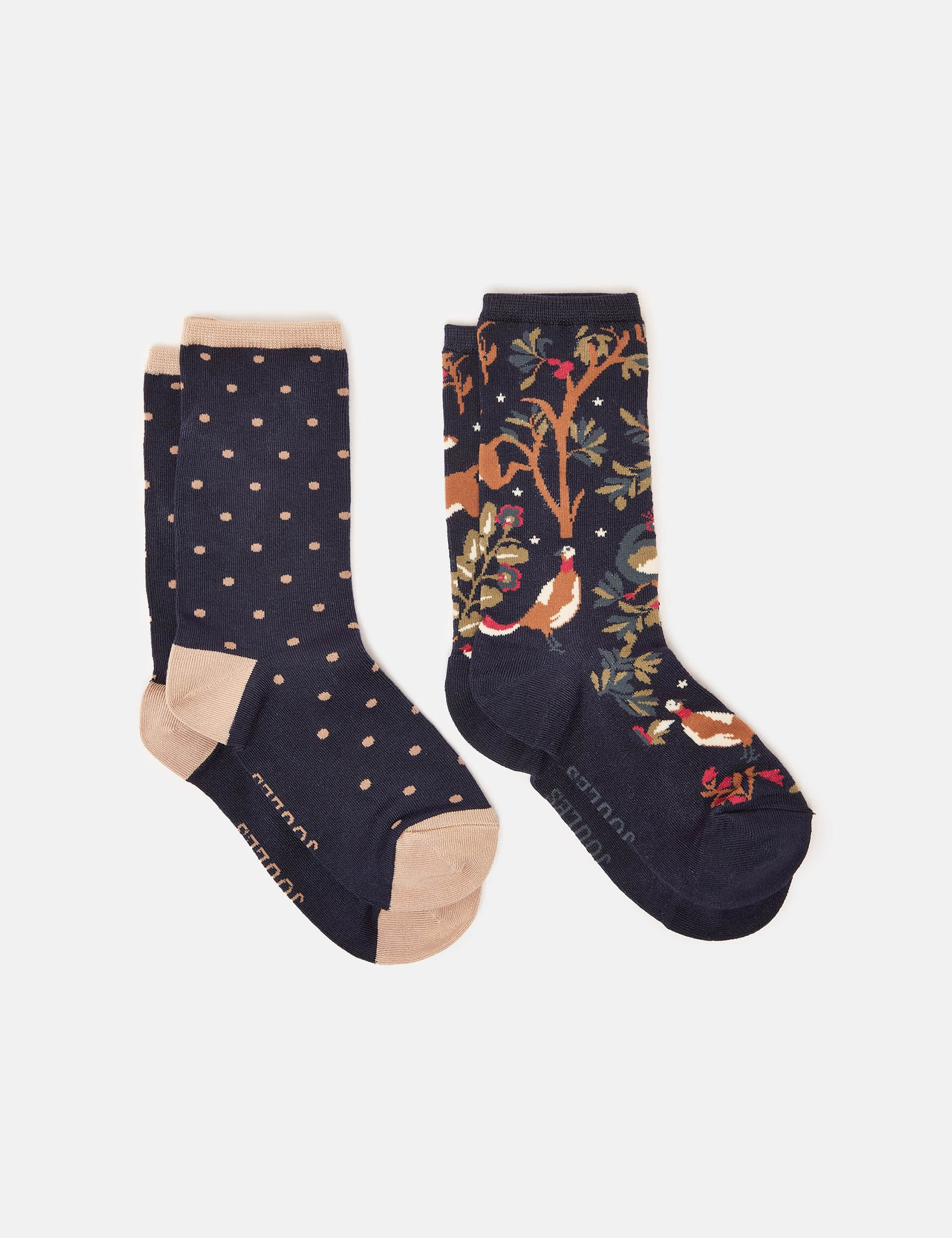 Joules Women's 2 Pack Woodland Print Ankle High Socks - Brown Mix, Brown Mix