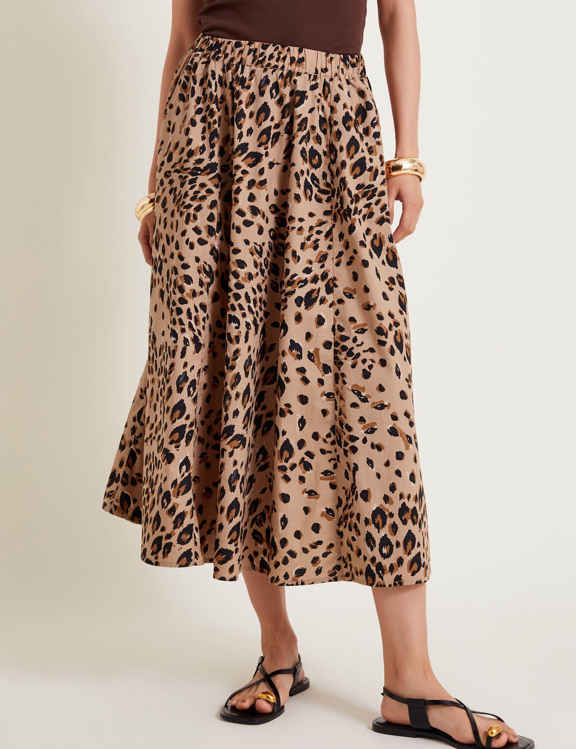 Monsoon Women's Pure Cotton Animal Print Pleated Midi Skirt - Natural Mix, Natural Mix