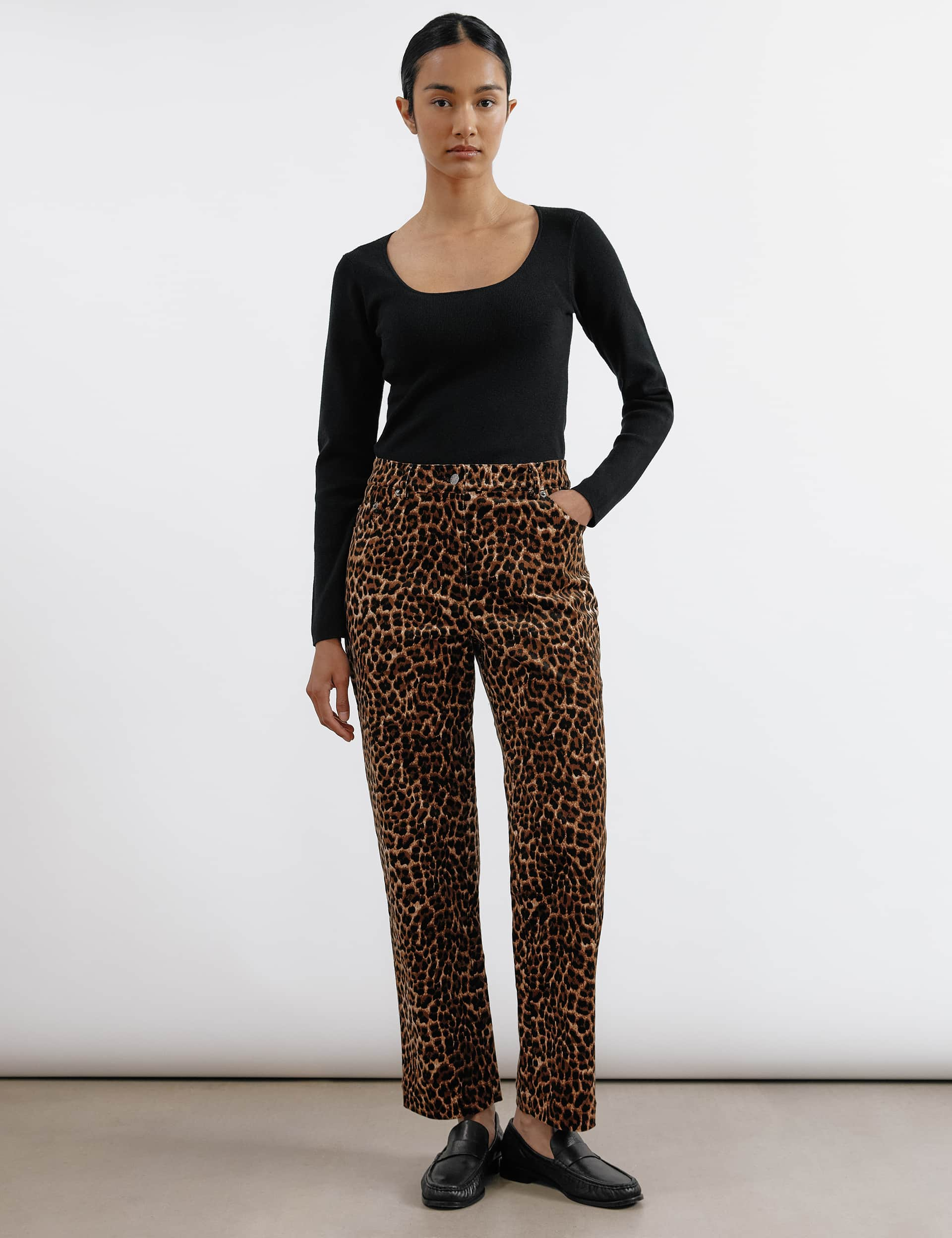 Albaray Women's Cord Animal Print Straight Leg Trousers - 12 - Brown Mix, Brown Mix