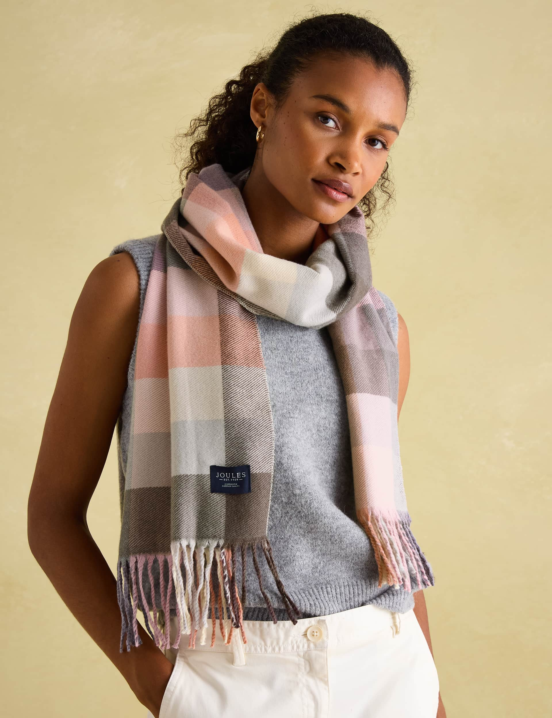 Joules Women's Checked Tassel Scarf - Pink Mix, Pink Mix