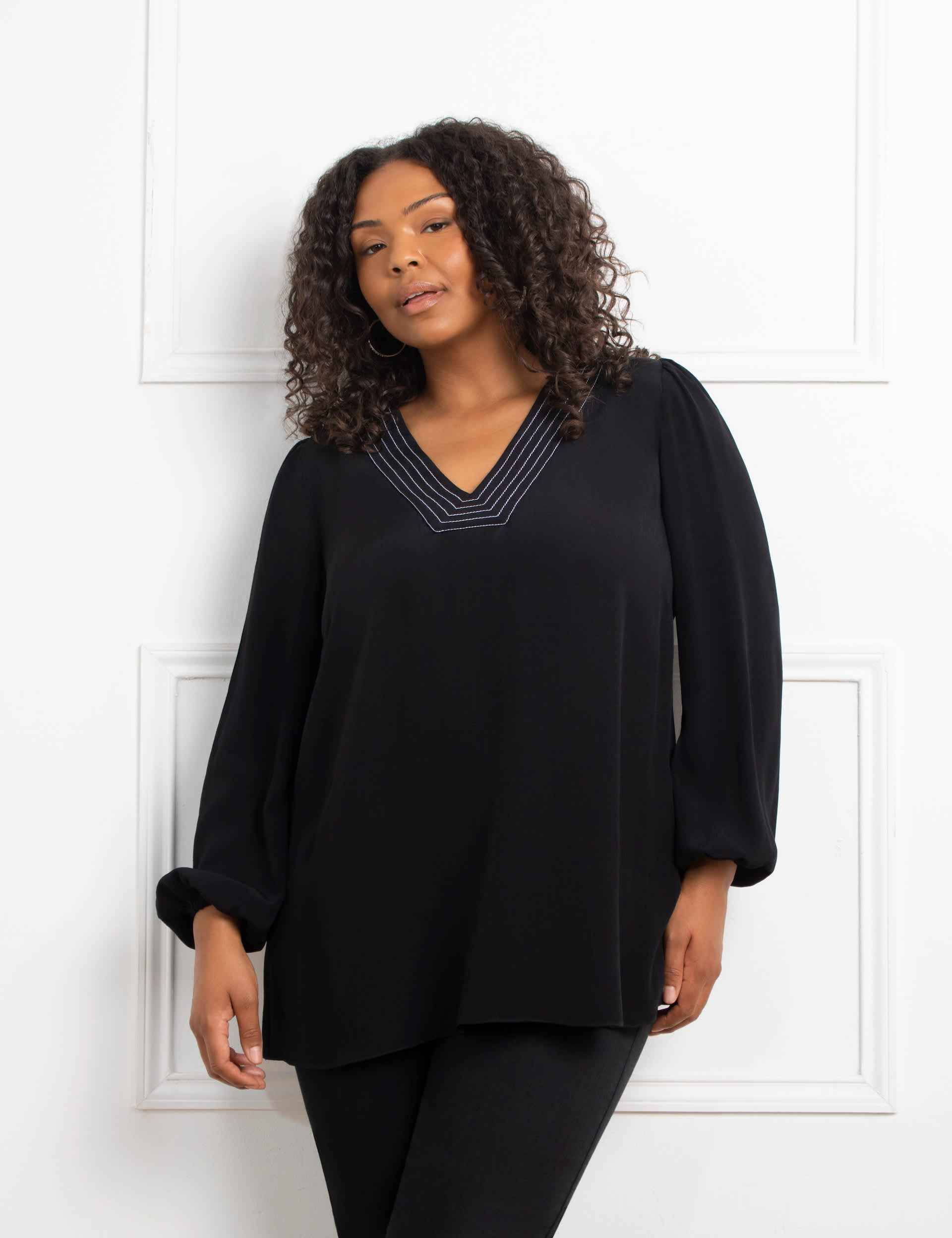 Live Unlimited London Women's V-Neck Stitch Detail Blouse - 14 - Black, Black