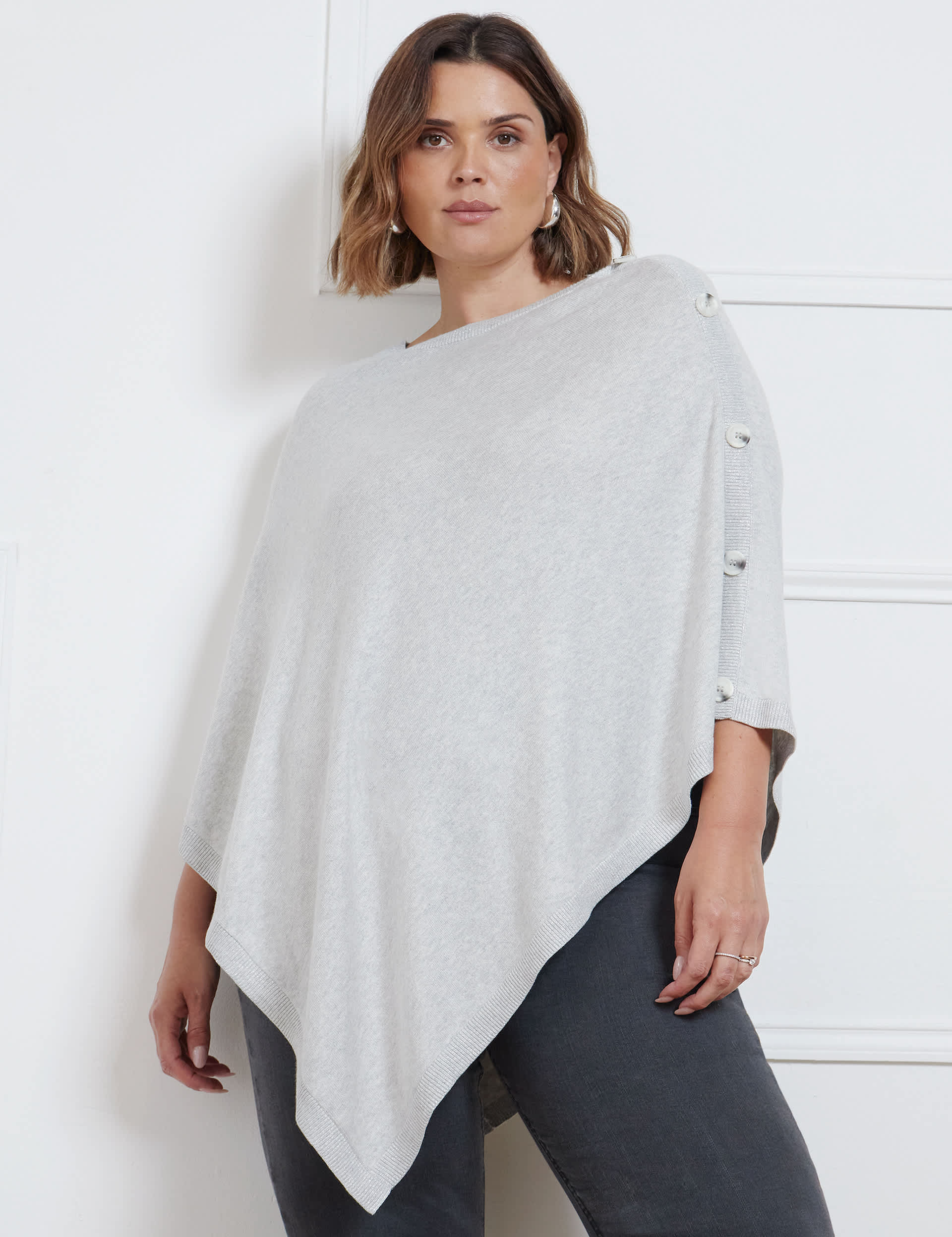 Live Unlimited London Women's Button Detail Poncho with Cashmere - 18-20 - Grey, Grey