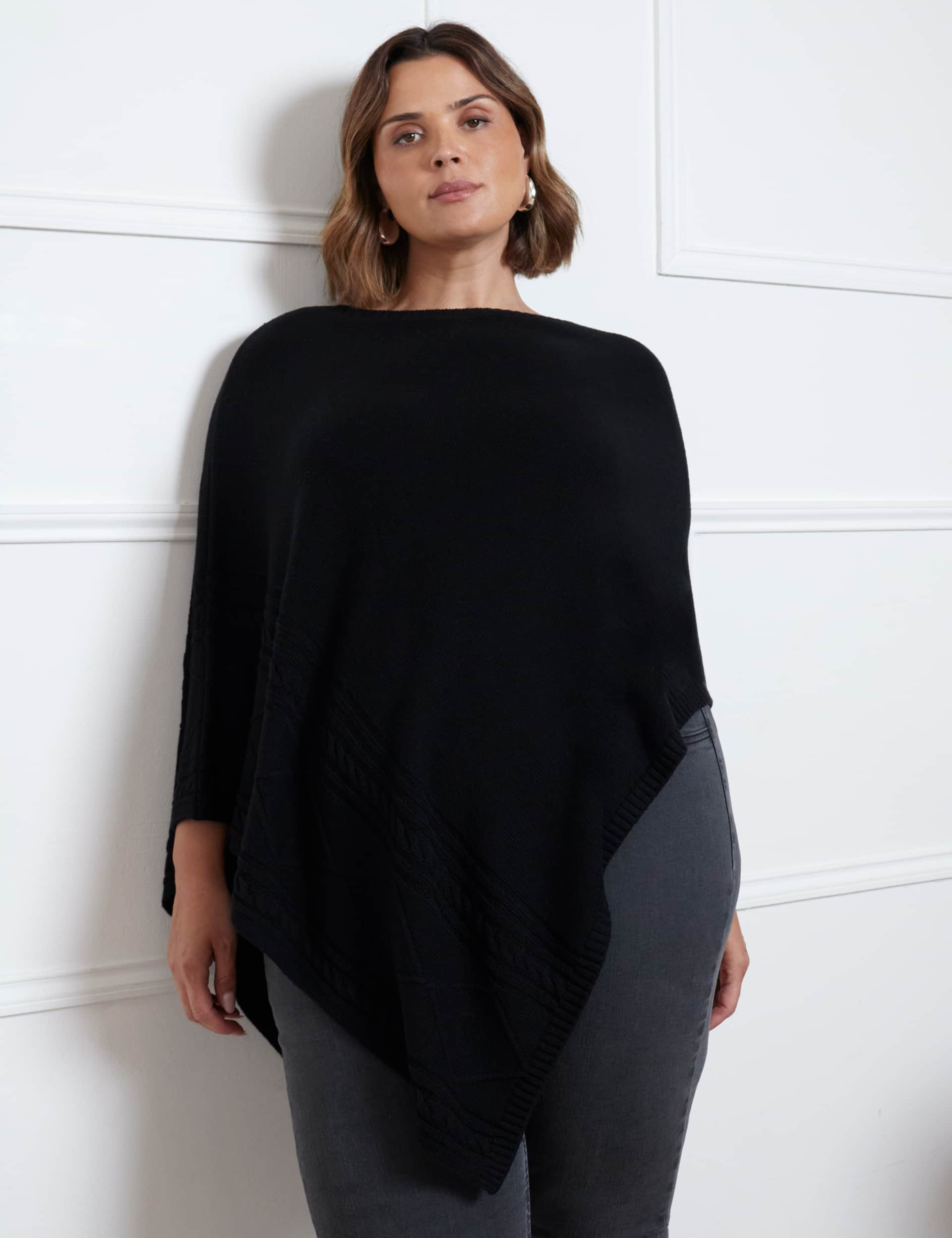 Live Unlimited London Women's Cable Knit Poncho with Cashmere - 22-24 - Black, Black