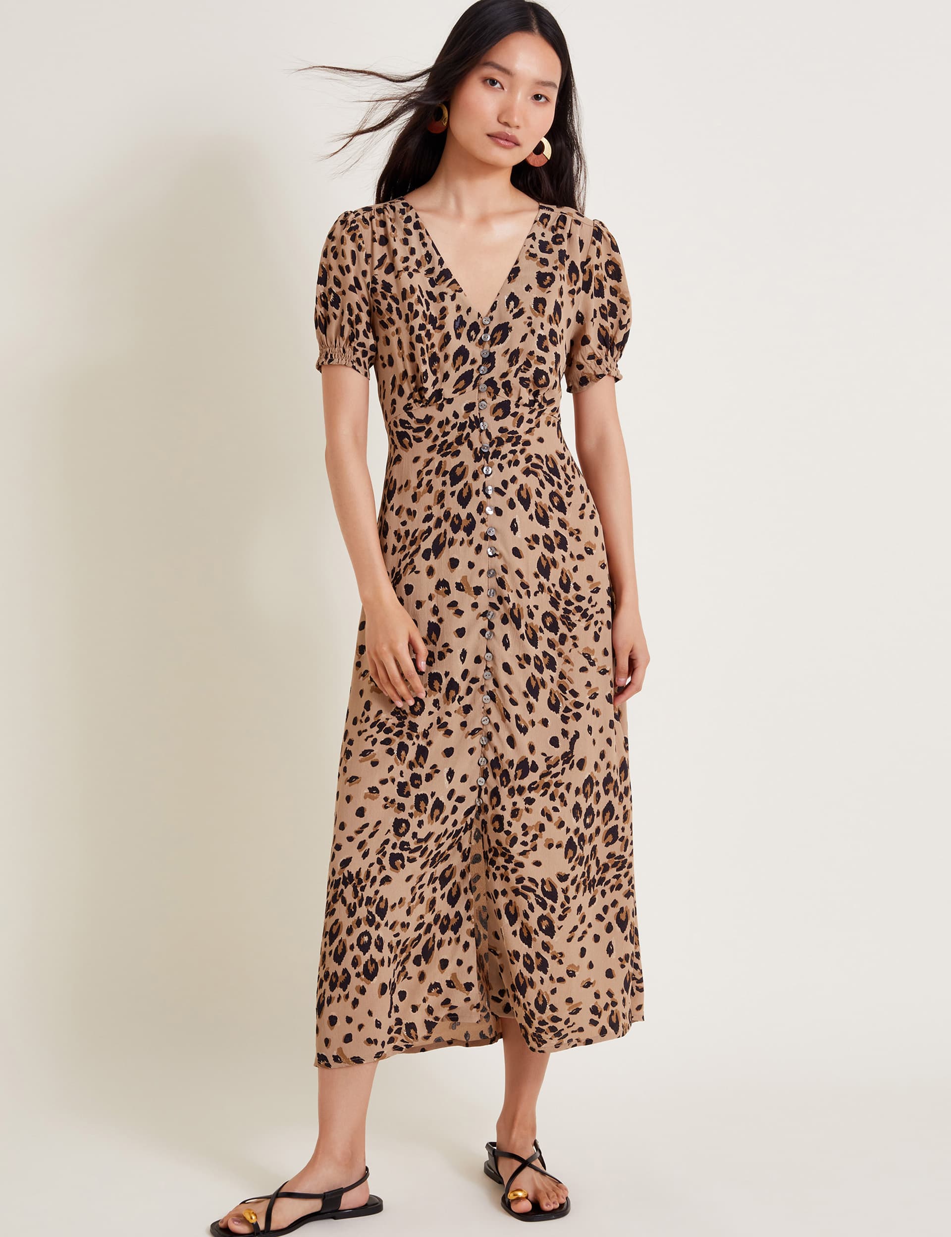 Monsoon Women's Animal Print V-Neck Midi Tea Dress - 12 - Natural Mix, Natural Mix