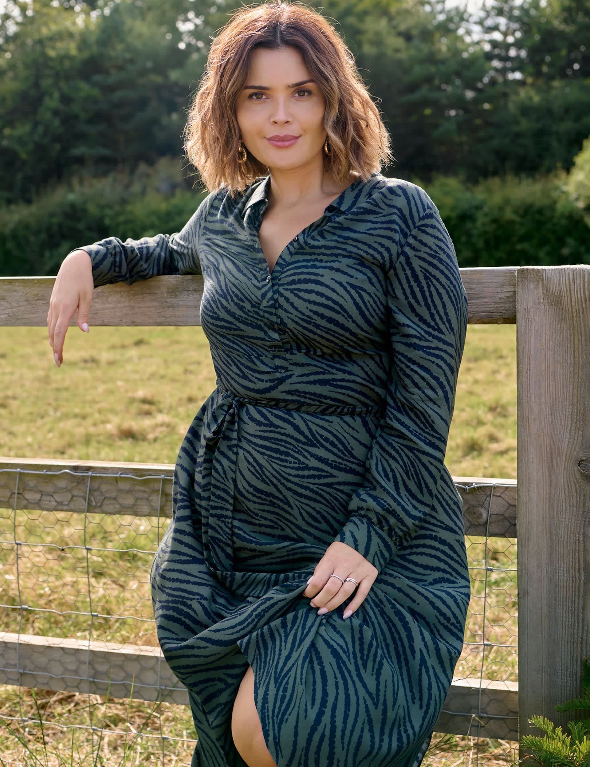 Live Unlimited London Women's Animal Print Tie Waist Midi Shirt Dress