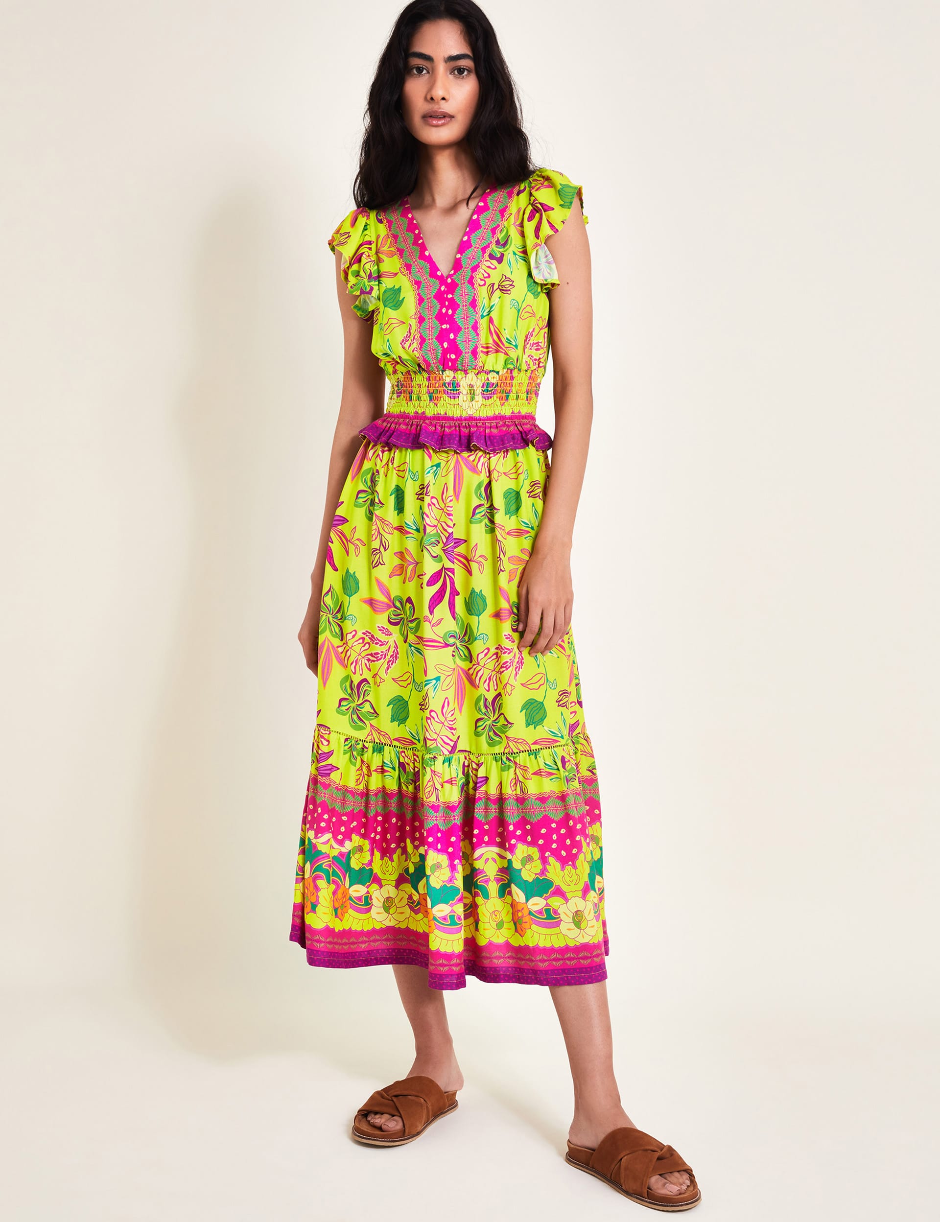 Monsoon Women's Floral V-Neck Ruffle Midi Waisted Dress