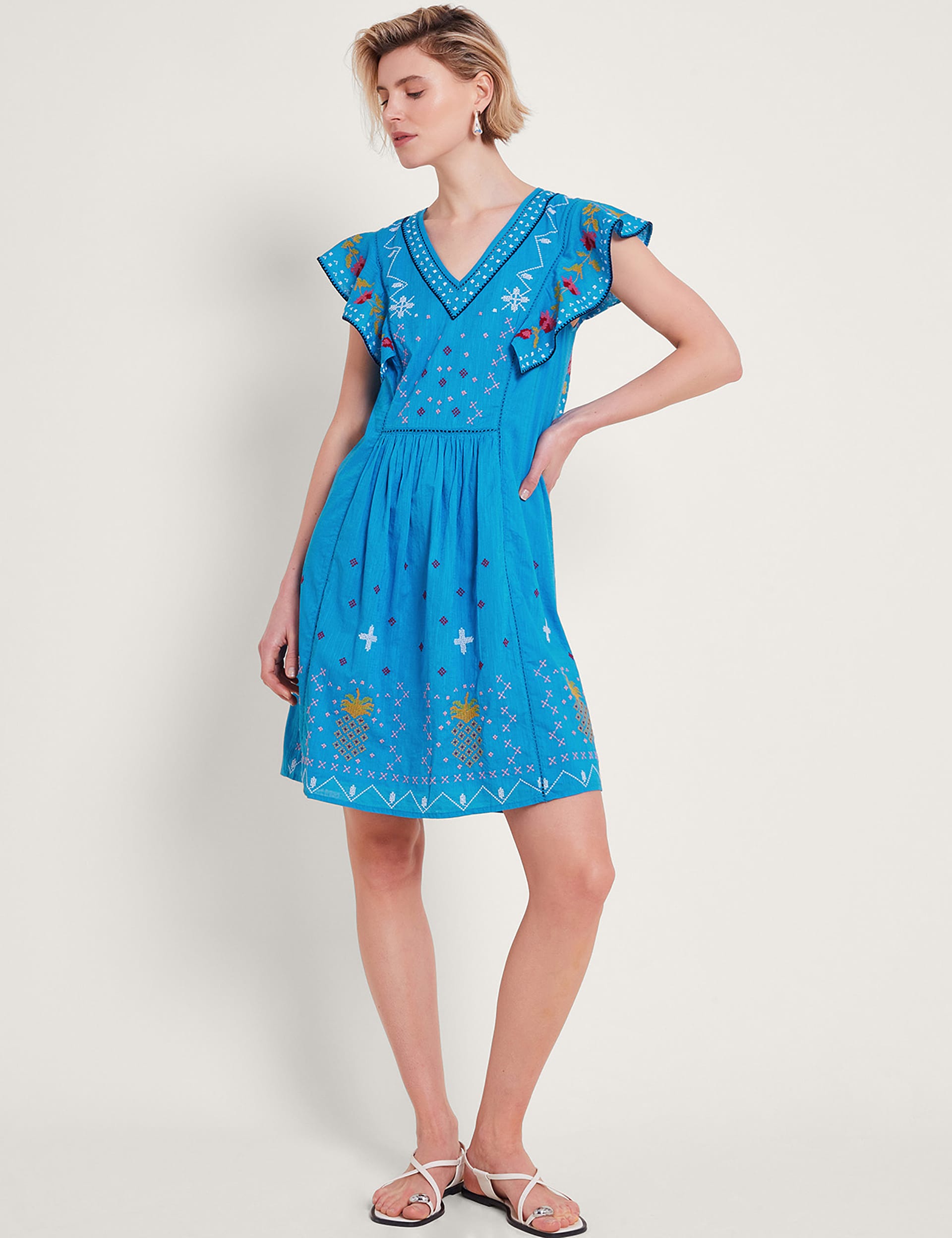 Monsoon Women's Pure Cotton Embroidered V-Neck Skater Dress - Blue Mix, Blue Mix