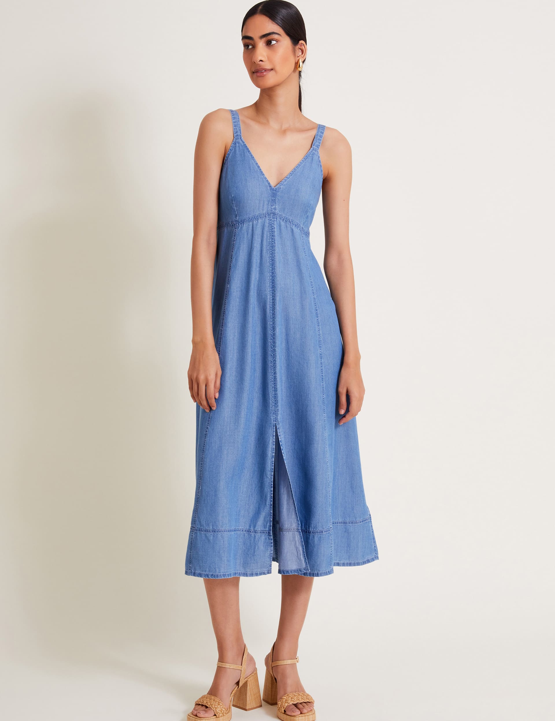 Monsoon Women's Lyocell Denim V-Neck Strappy Midi Slip Dress - Blue Denim, Blue Denim