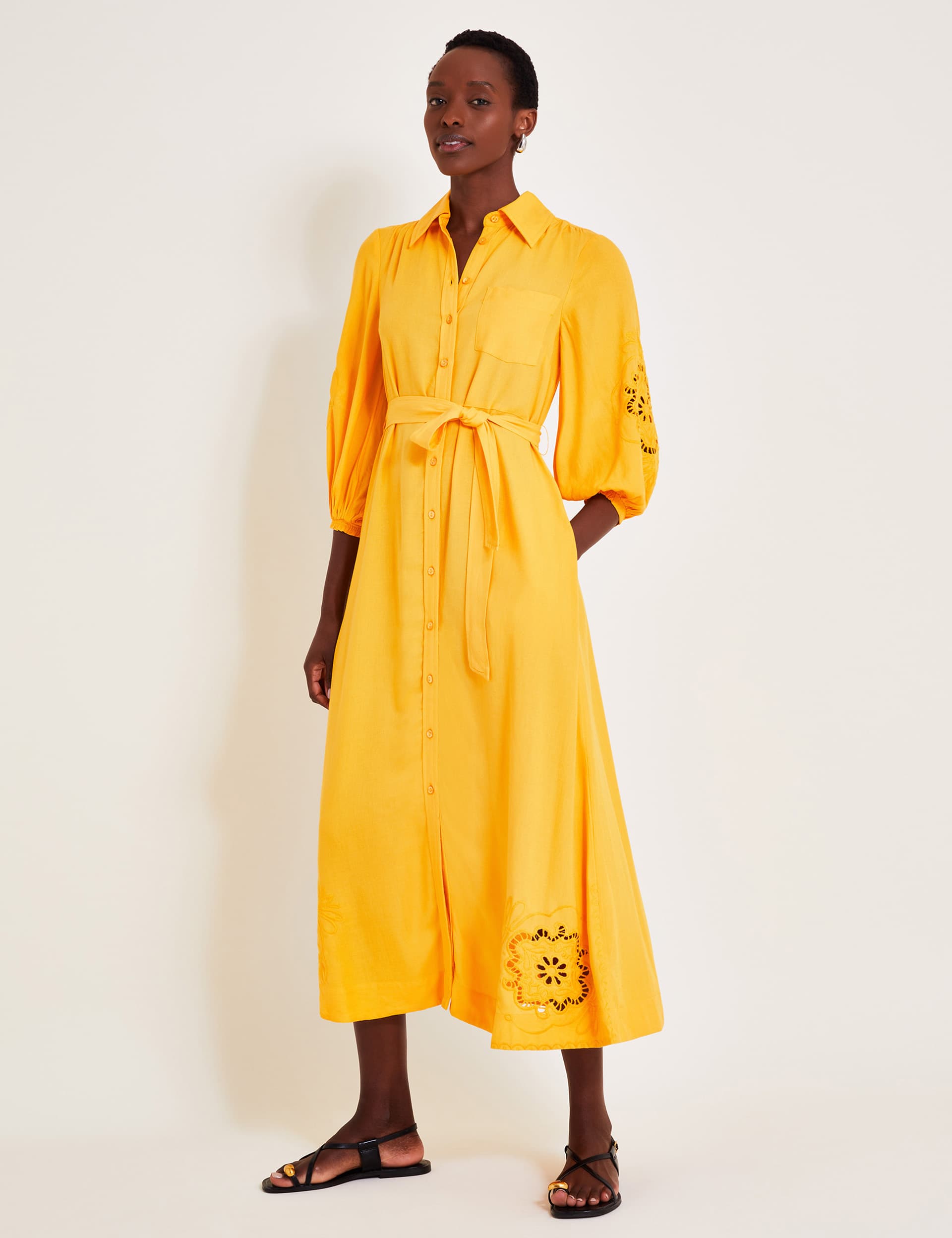 Monsoon Women's Broderie Midi Shirt Dress with Linen
