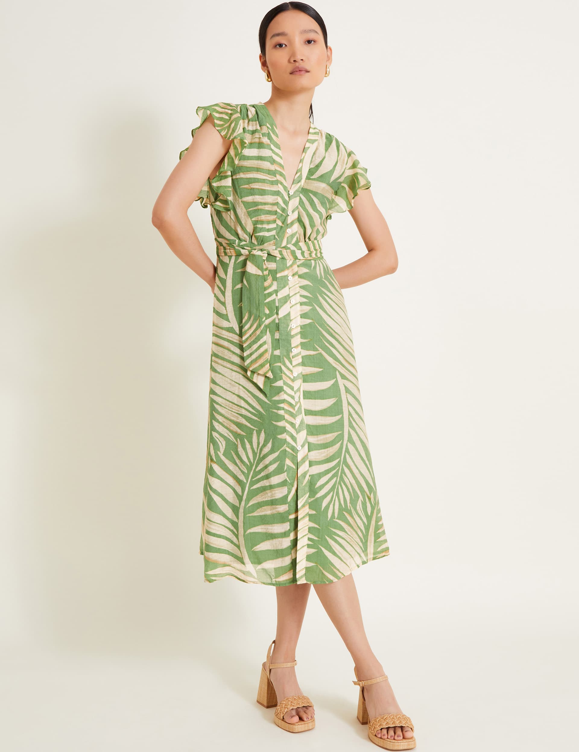 Monsoon Women's Printed V-Neck Belted Midi Tea Dress - 22 - Green Mix, Green Mix