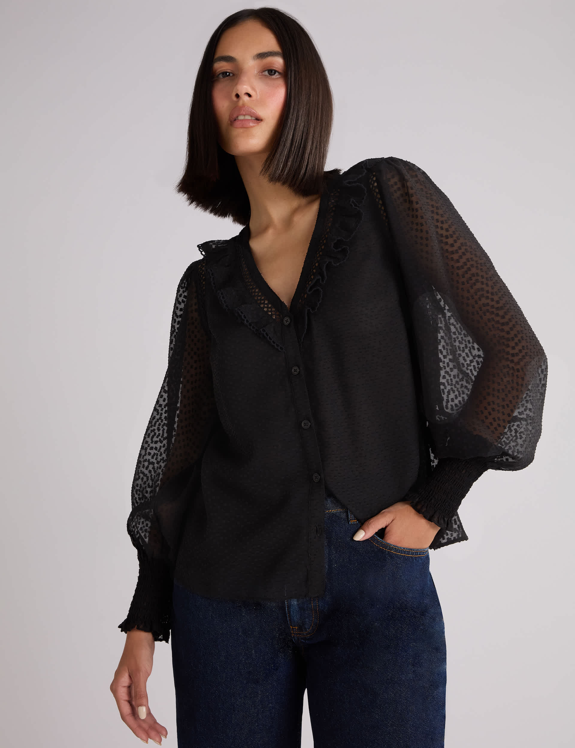 Ro&Zo Women's Textured V-Neck Frill Detail Blouse - 12REG - Black, Black