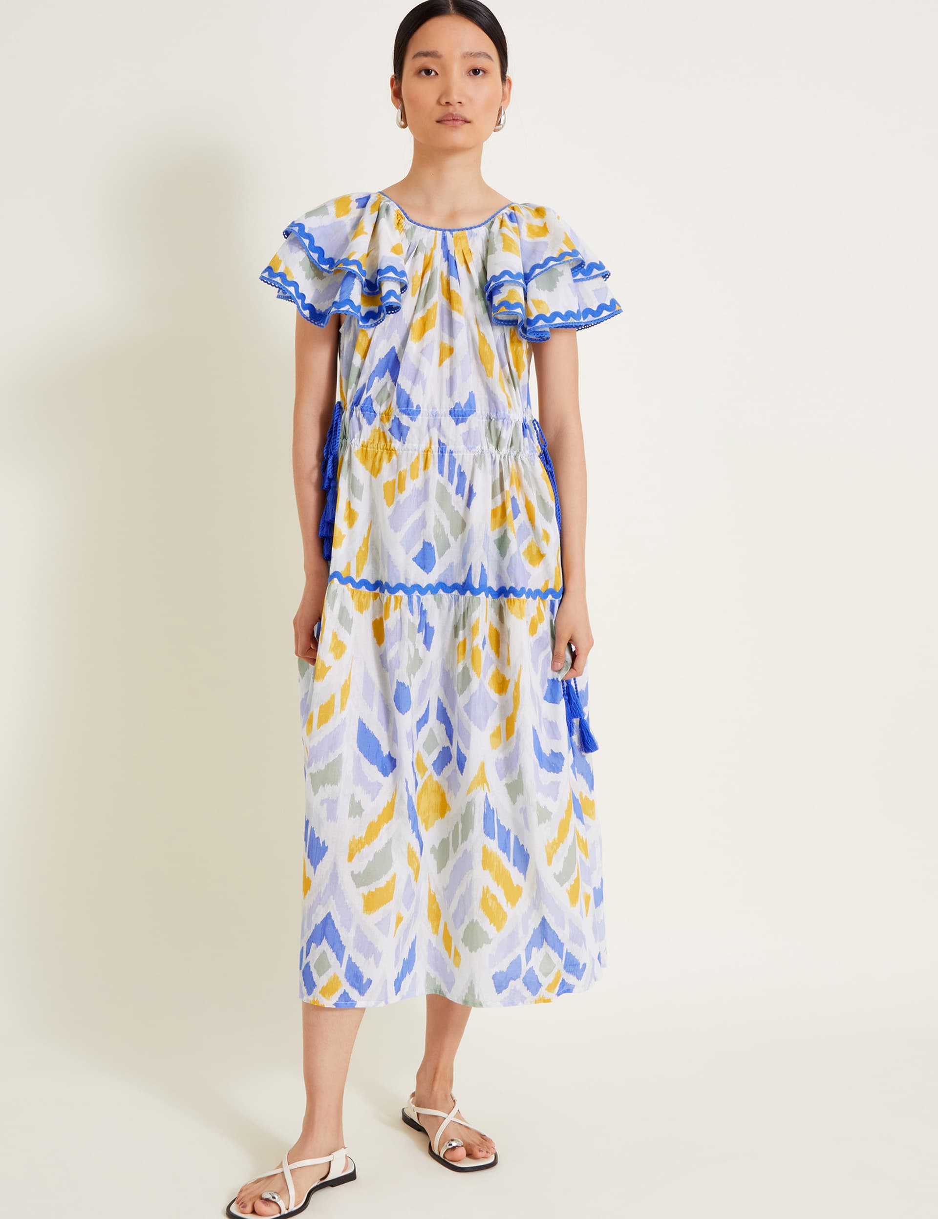 Monsoon Women's Pure Cotton Printed Midi Waisted Dress - Blue Mix, Blue Mix