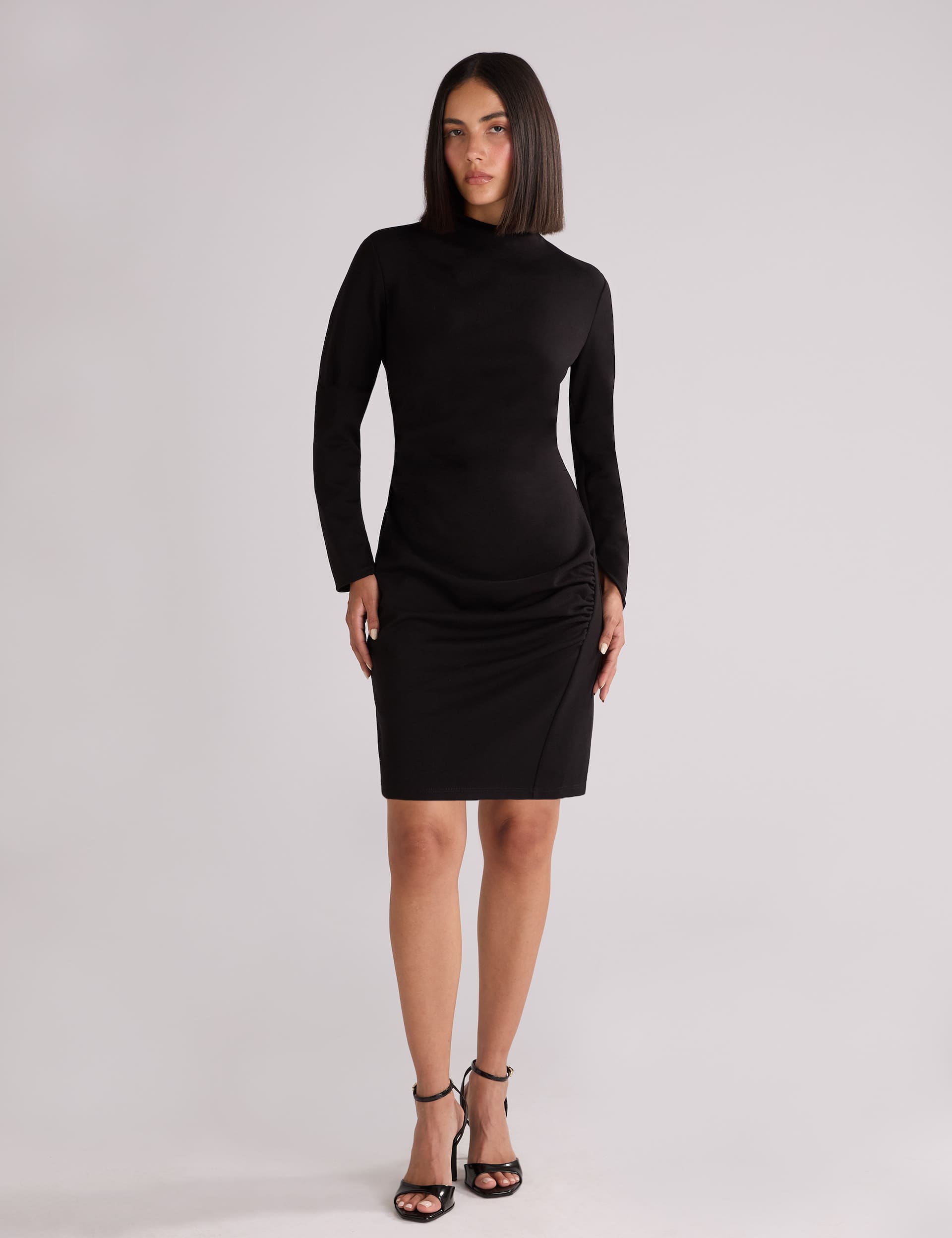 Ro&Zo Women's Jersey High Neck Ruched Mini Bodycon Dress - 14REG - Black, Black