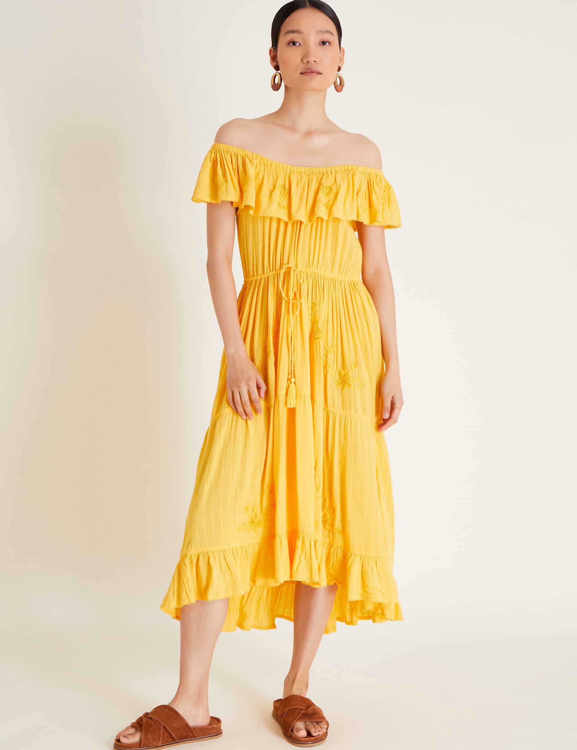 Monsoon Women's Cotton Rich Bardot Midaxi Waisted Dress