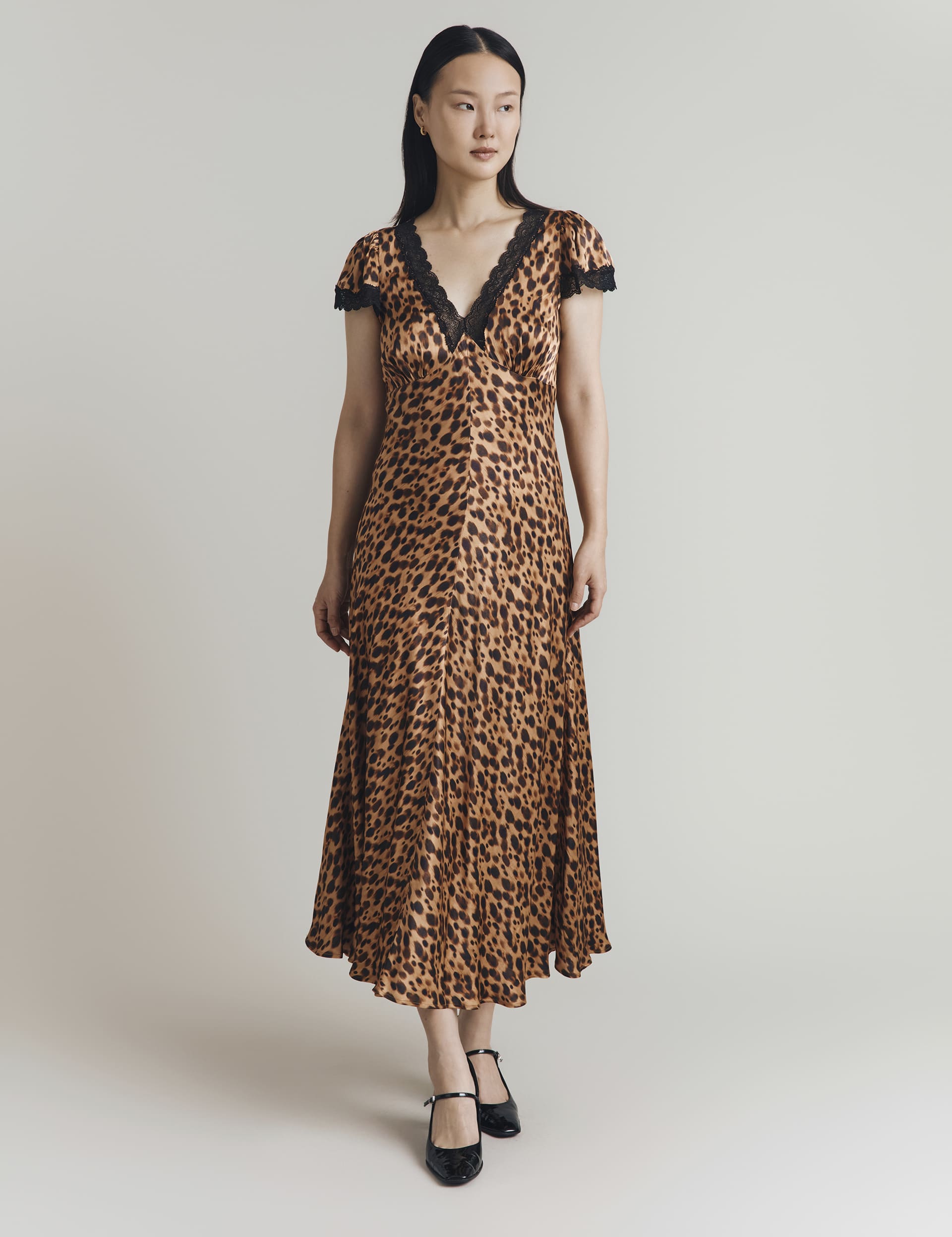 Ghost Women's Satin Animal Print V-Neck Midi Skater Dress - Brown Mix, Brown Mix