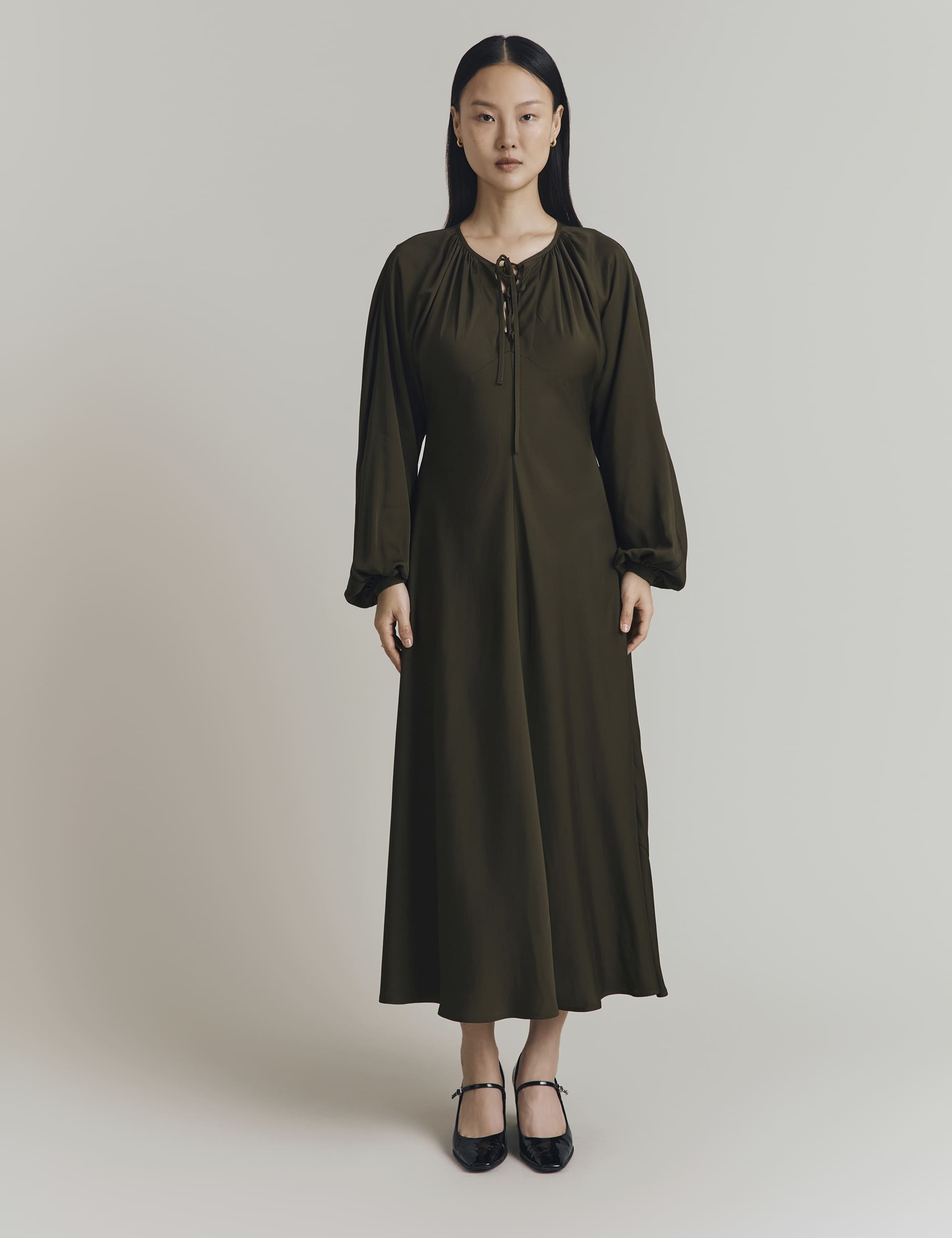 Ghost Women's Crepe Tie Neck Midi Smock Dress - Dark Green, Dark Green