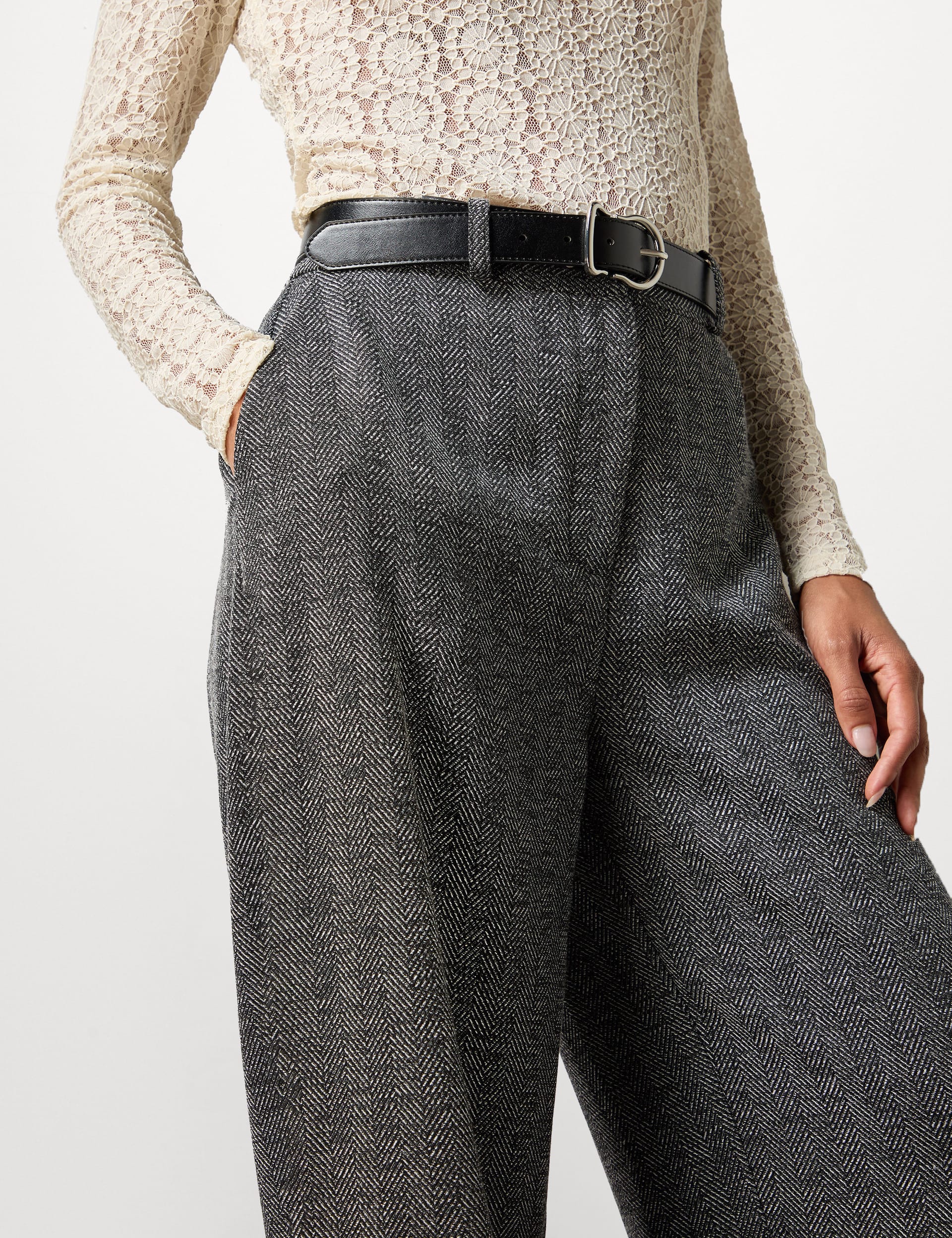 Ro&Zo Women's Herringbone Pleated Wide Leg Trousers - 12PET - Grey Mix, Grey Mix