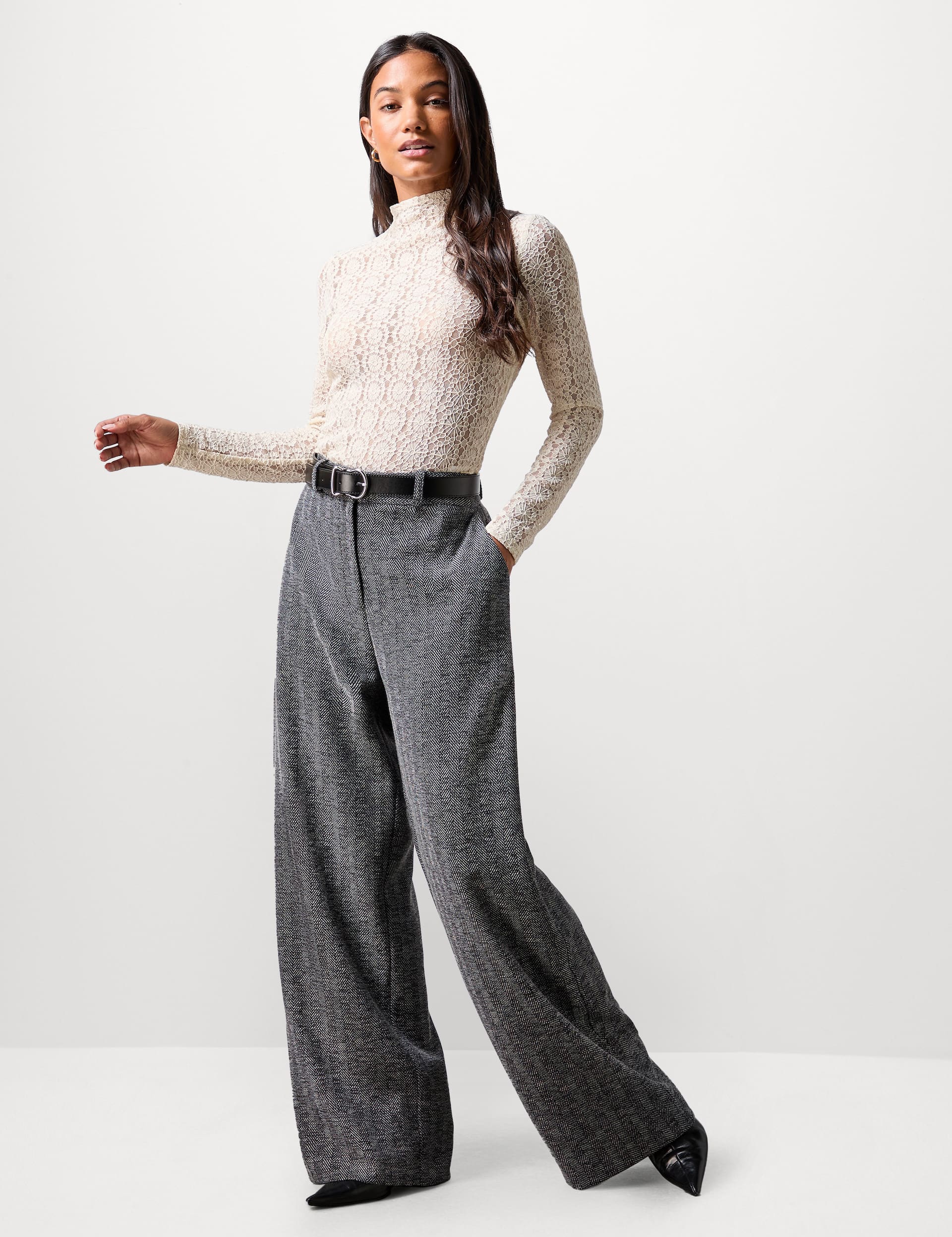 Ro&Zo Women's Herringbone Pleated Wide Leg Trousers - 8REG - Grey Mix, Grey Mix