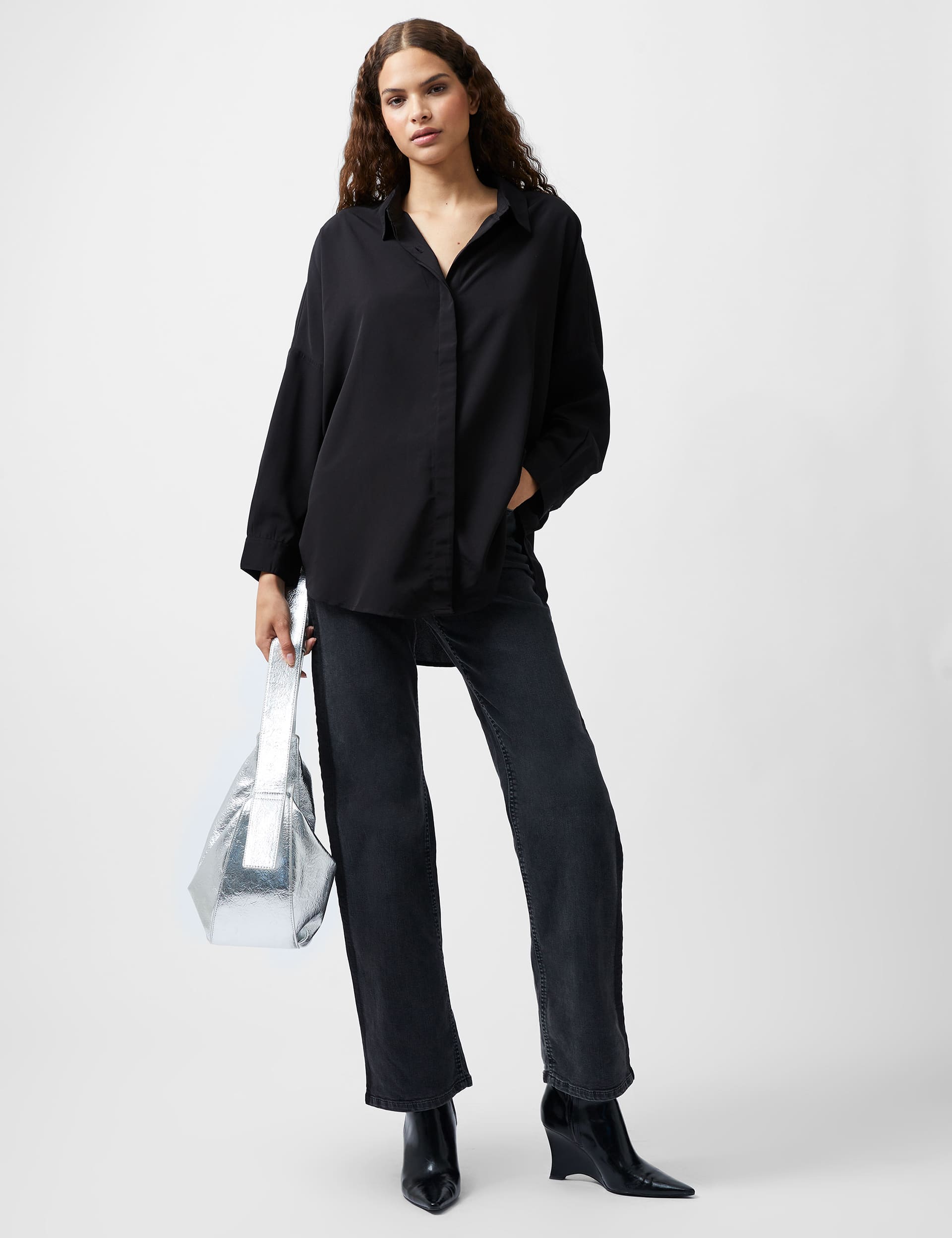 French Connection Women's Crepe Shirt - XS - Black, Black,White