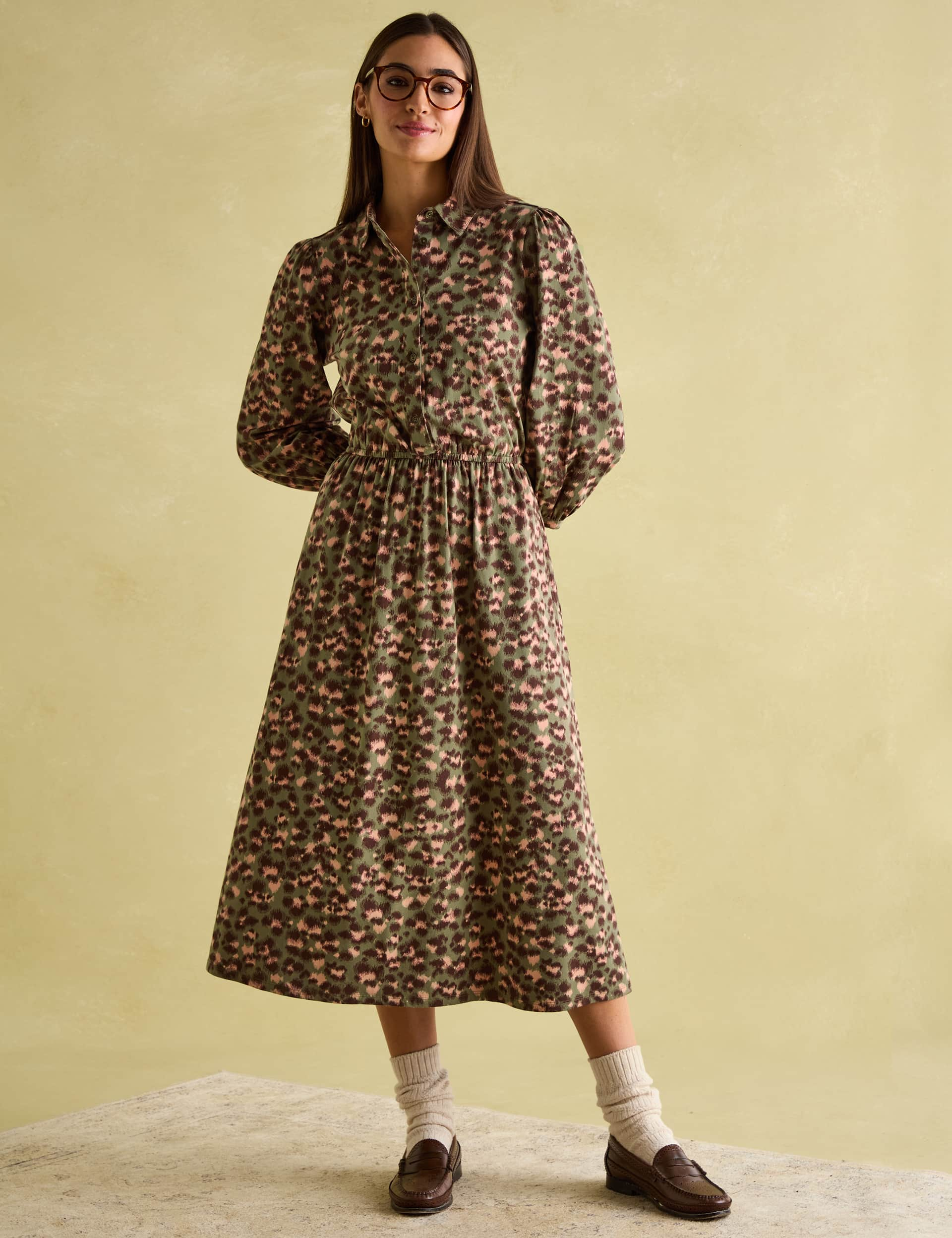 Joules Women's Cotton Rich Animal Print Waisted Midi Dress - 12 - Green Mix, Green Mix,Brown Mix