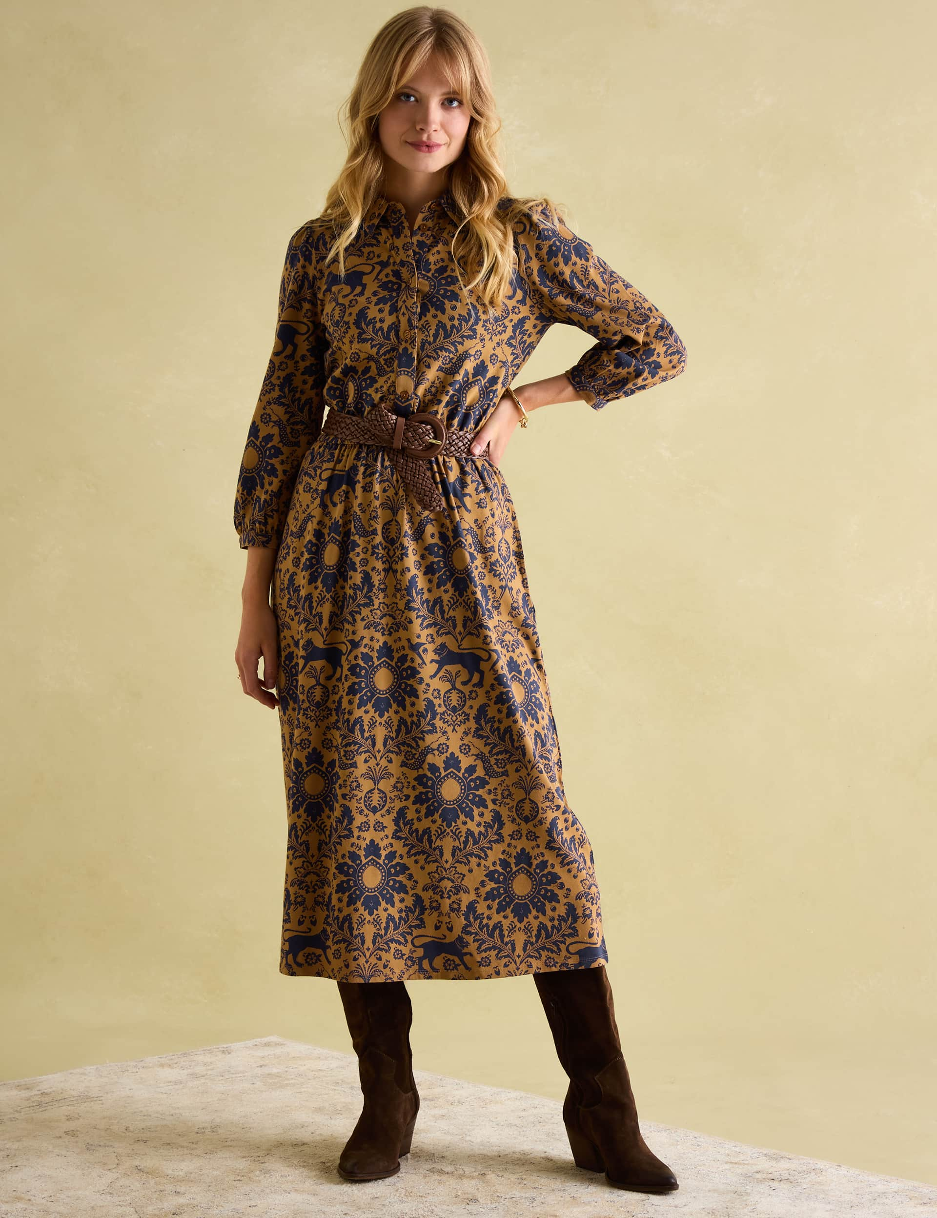 Joules Women's Cotton Rich Printed Midi Waisted Dress - 14 - Brown Mix, Green Mix,Brown Mix