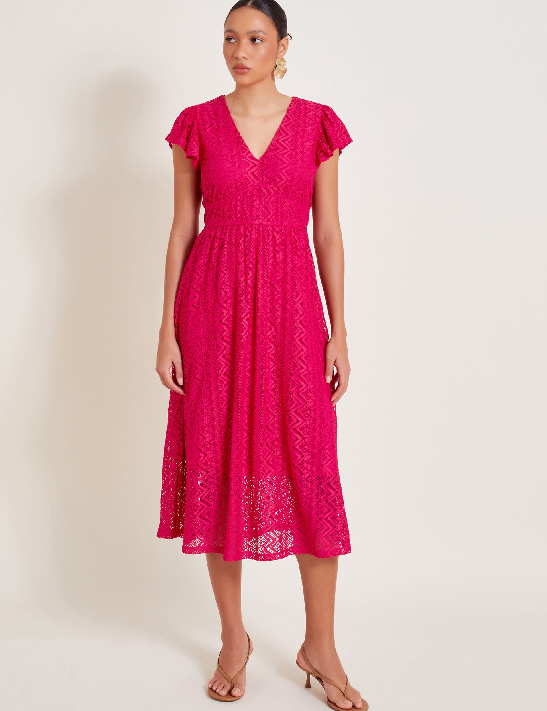 Monsoon Women's Jersey Lace V-Neck Angel Sleeve Midi Tea Dress