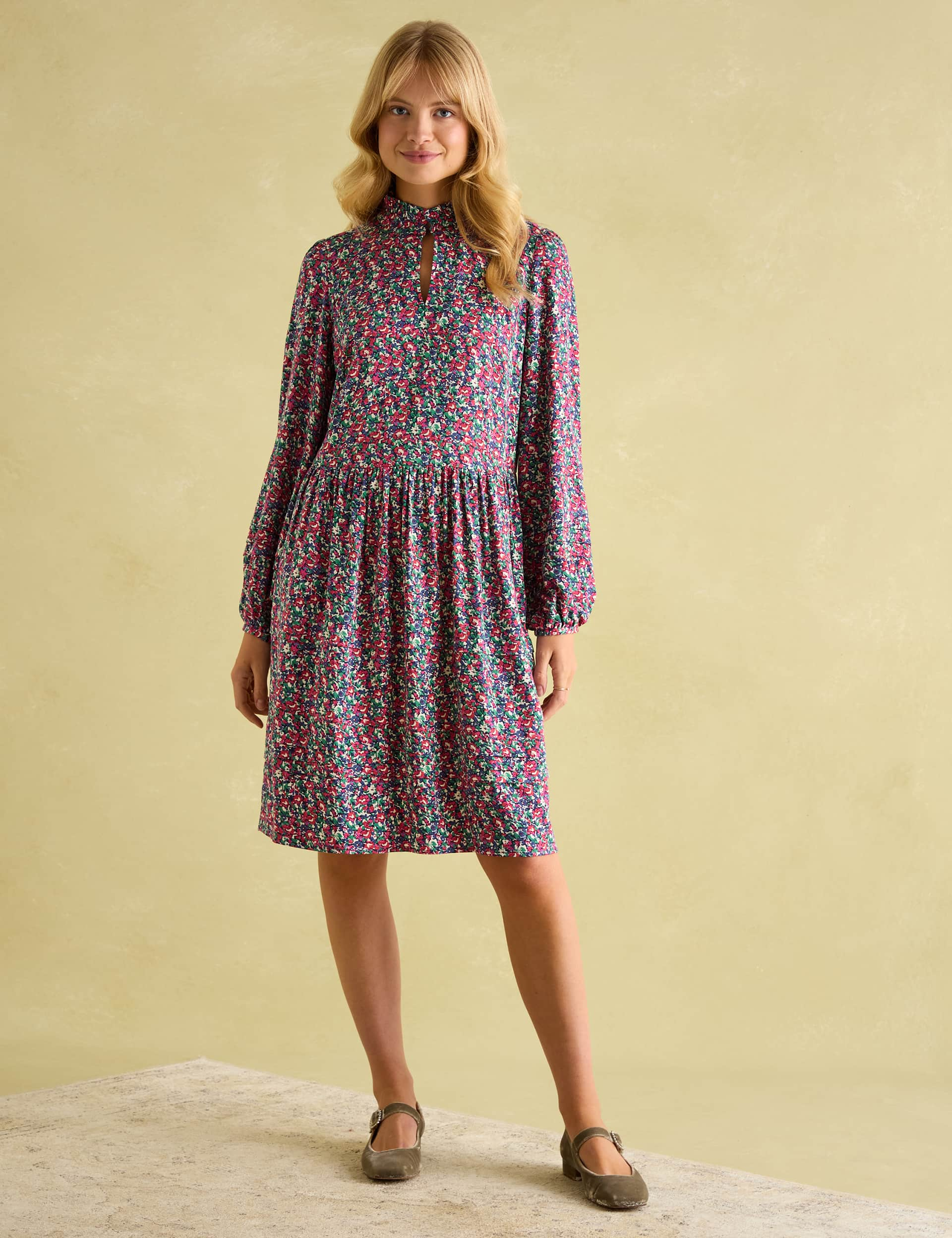 Joules Women's Floral High Neck Knee Length Waisted Dress - 12 - Multi, Multi