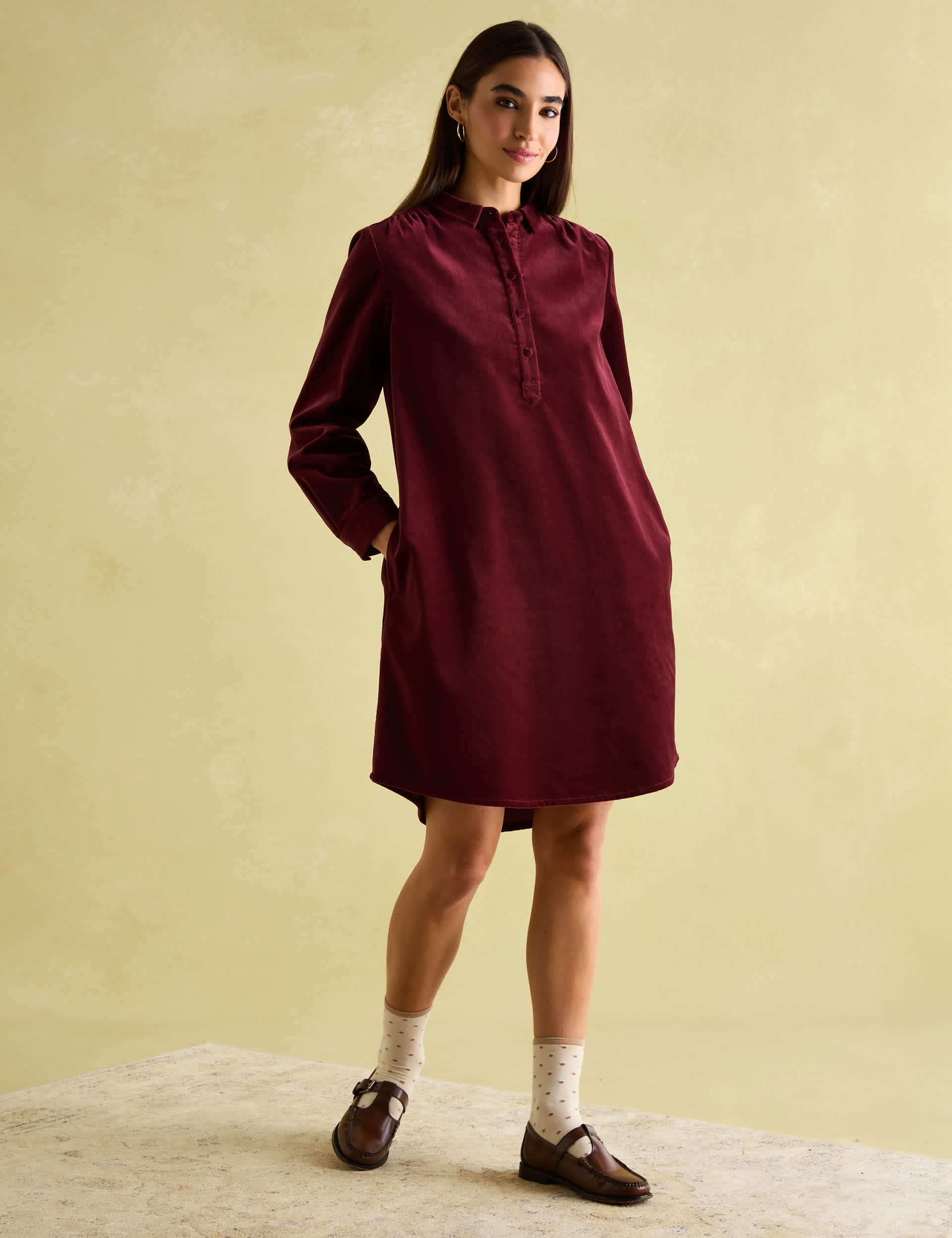 Joules Women's Velvet Collared Knee Length Shirt Dress - 10 - Burgundy, Navy,Burgundy