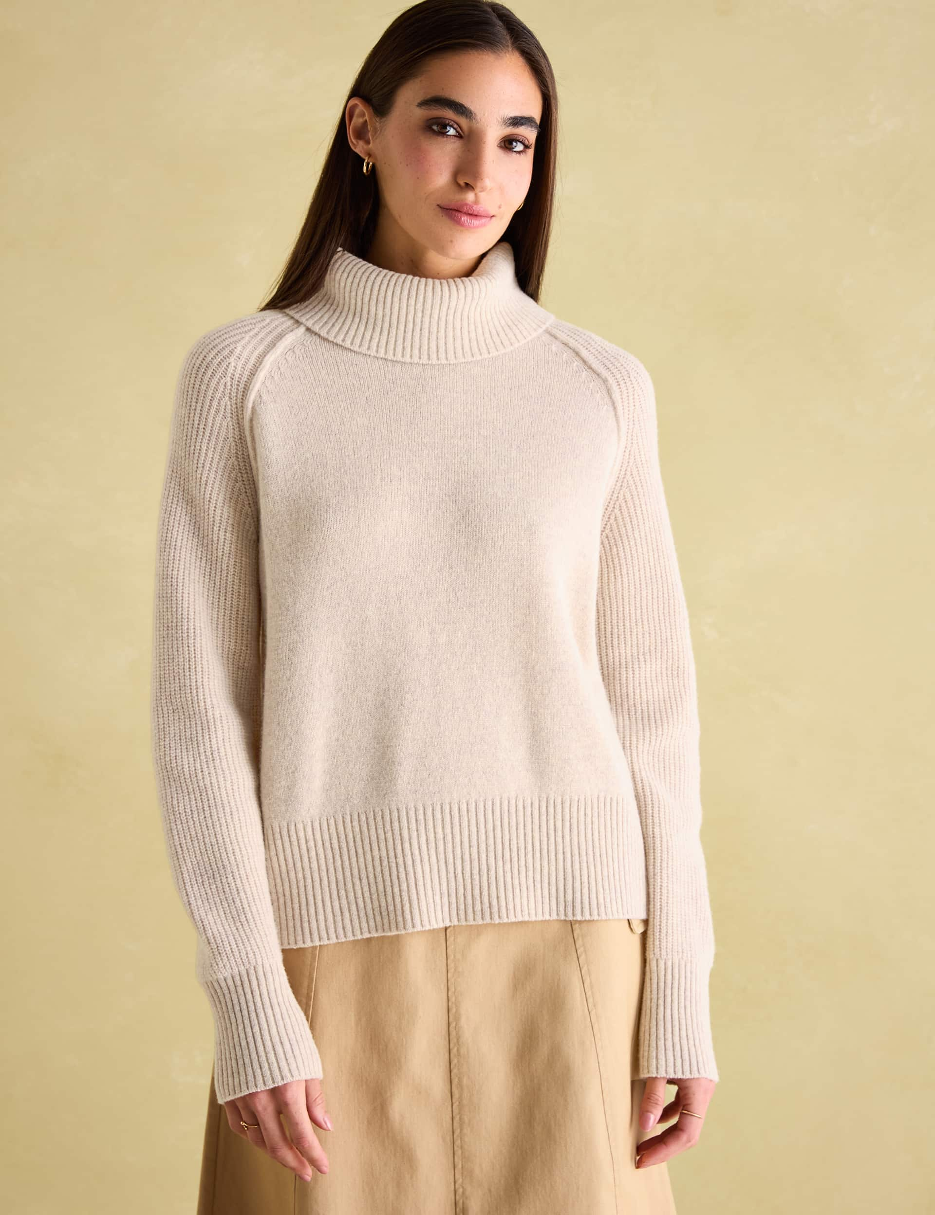 Joules Women's Pure Merino Wool Roll Neck Jumper - 10 - Cream, Cream,Blue,Yellow,Orange