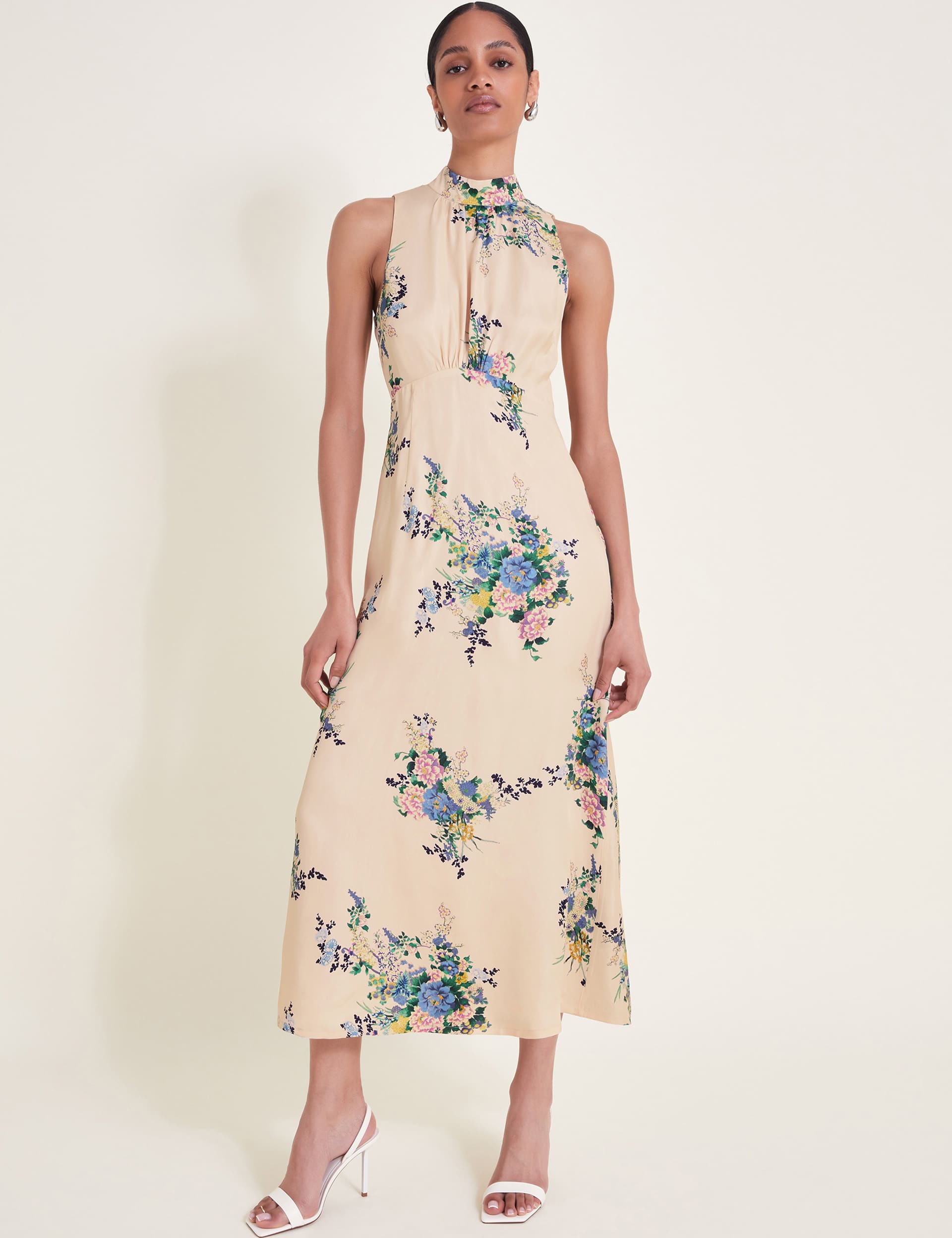 Monsoon Women's Floral High Neck Midi Waisted Dress
