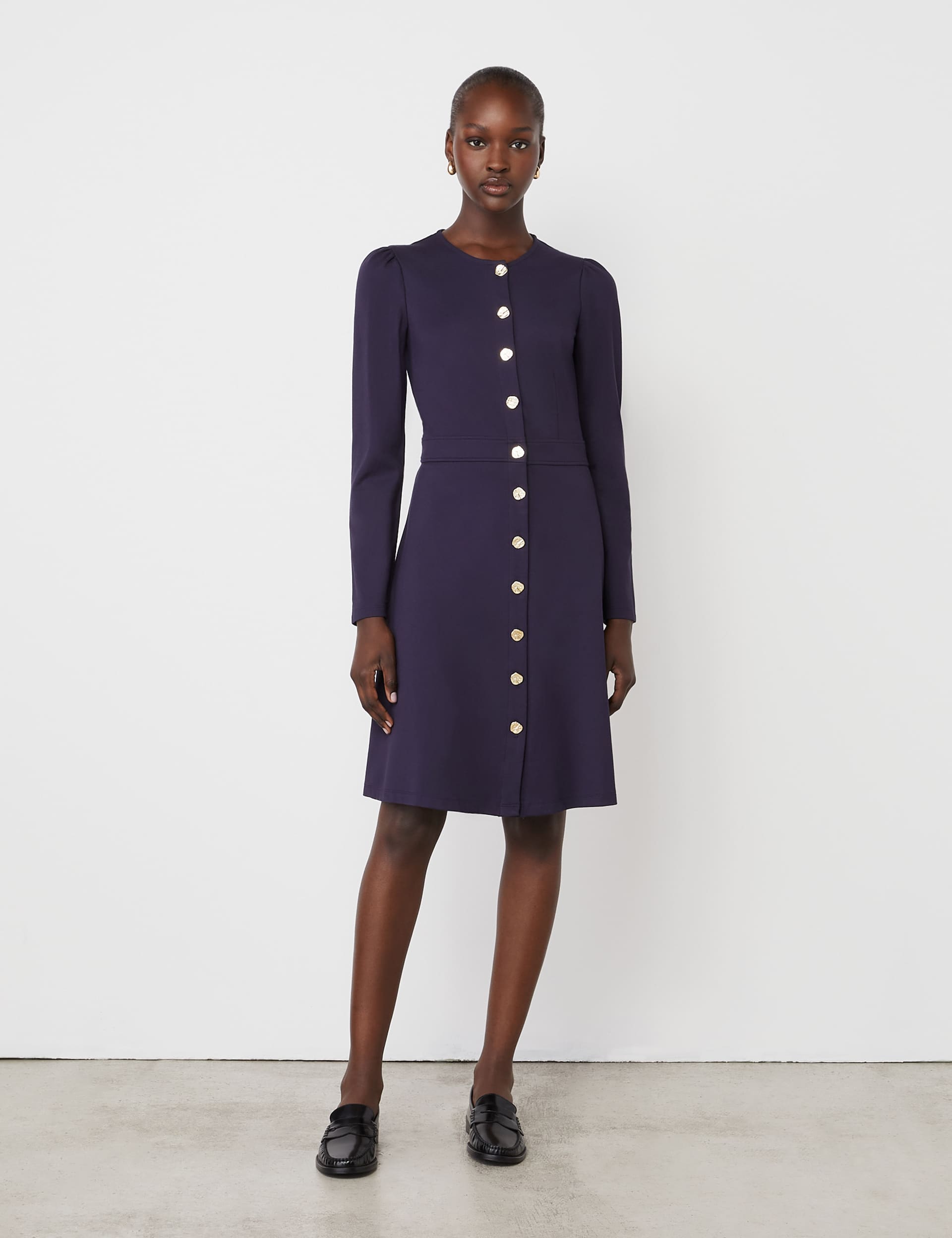 Finery London Women's Ponte Jersey Button Through Waisted Dress - 12 - Navy, Navy,Brown