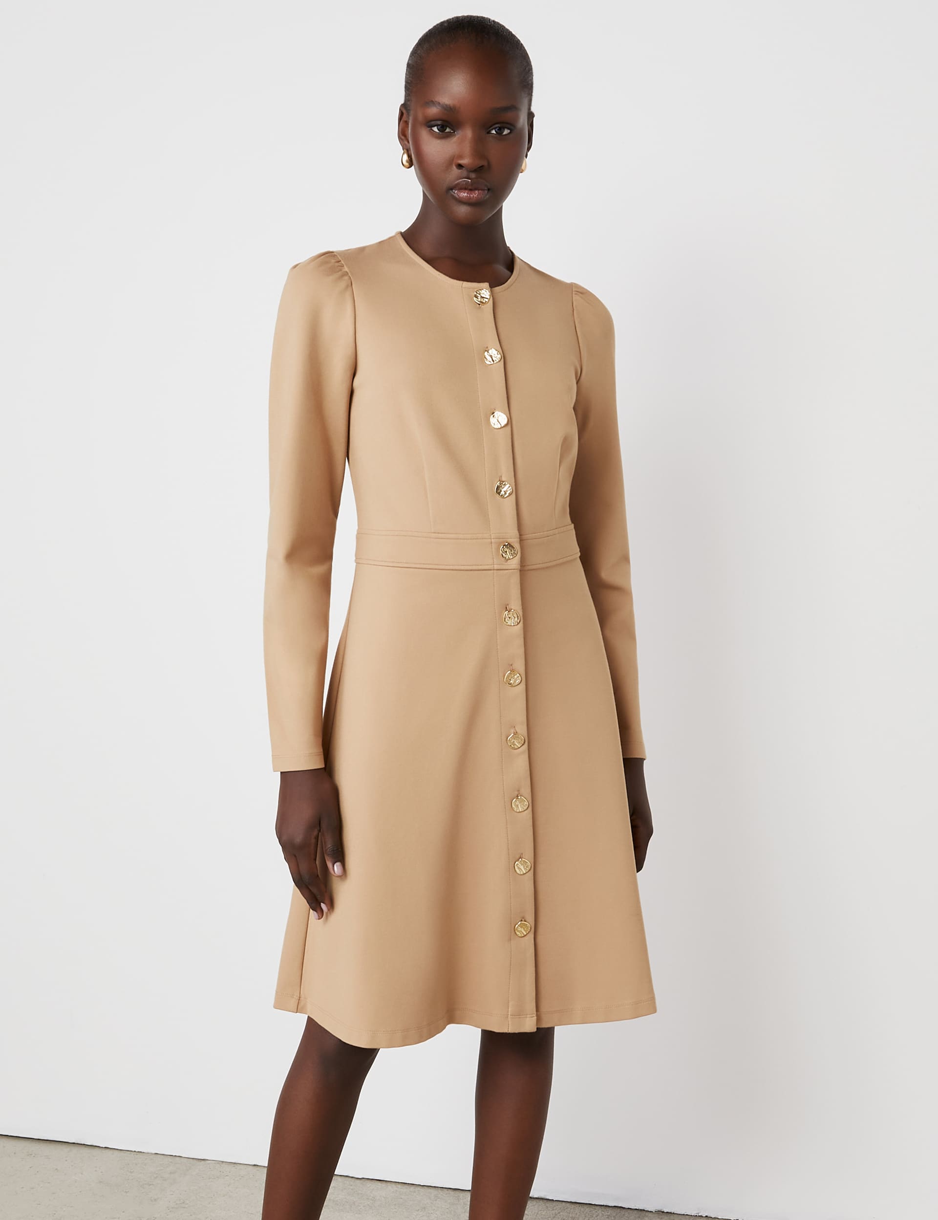 Finery London Women's Ponte Jersey Button Through Waisted Dress - 16 - Brown, Navy,Brown