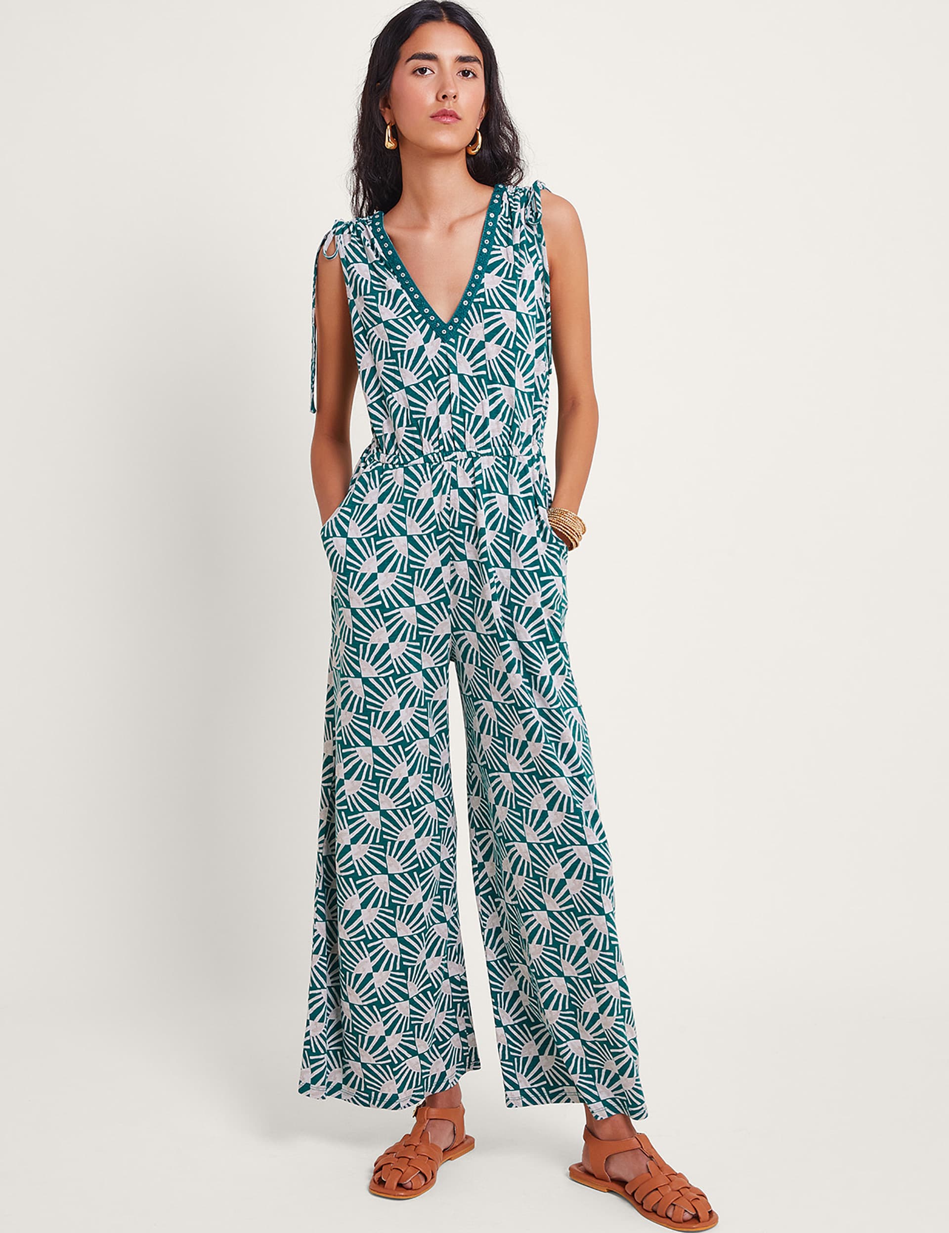 Monsoon Women's Jersey Printed Wide Leg Jumpsuit - XL - Teal Mix, Teal Mix