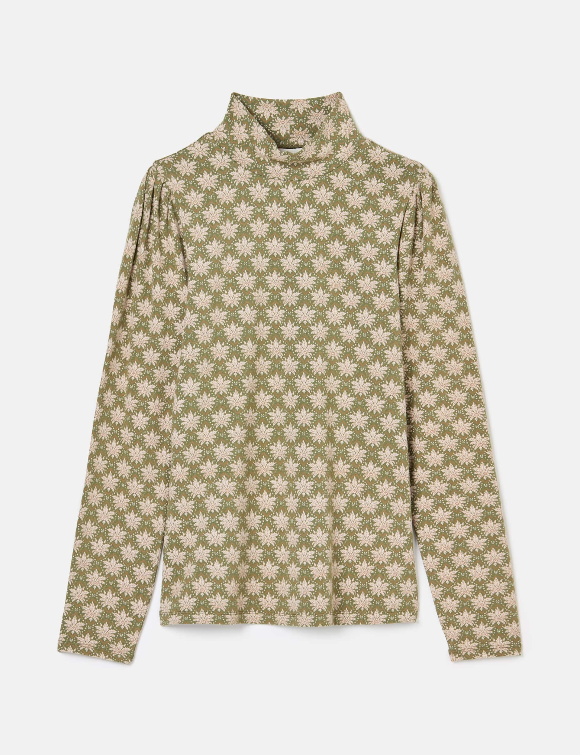 Joules Women's Cotton Rich Leaf Print High Neck Top - 24 - Green Mix, Green Mix