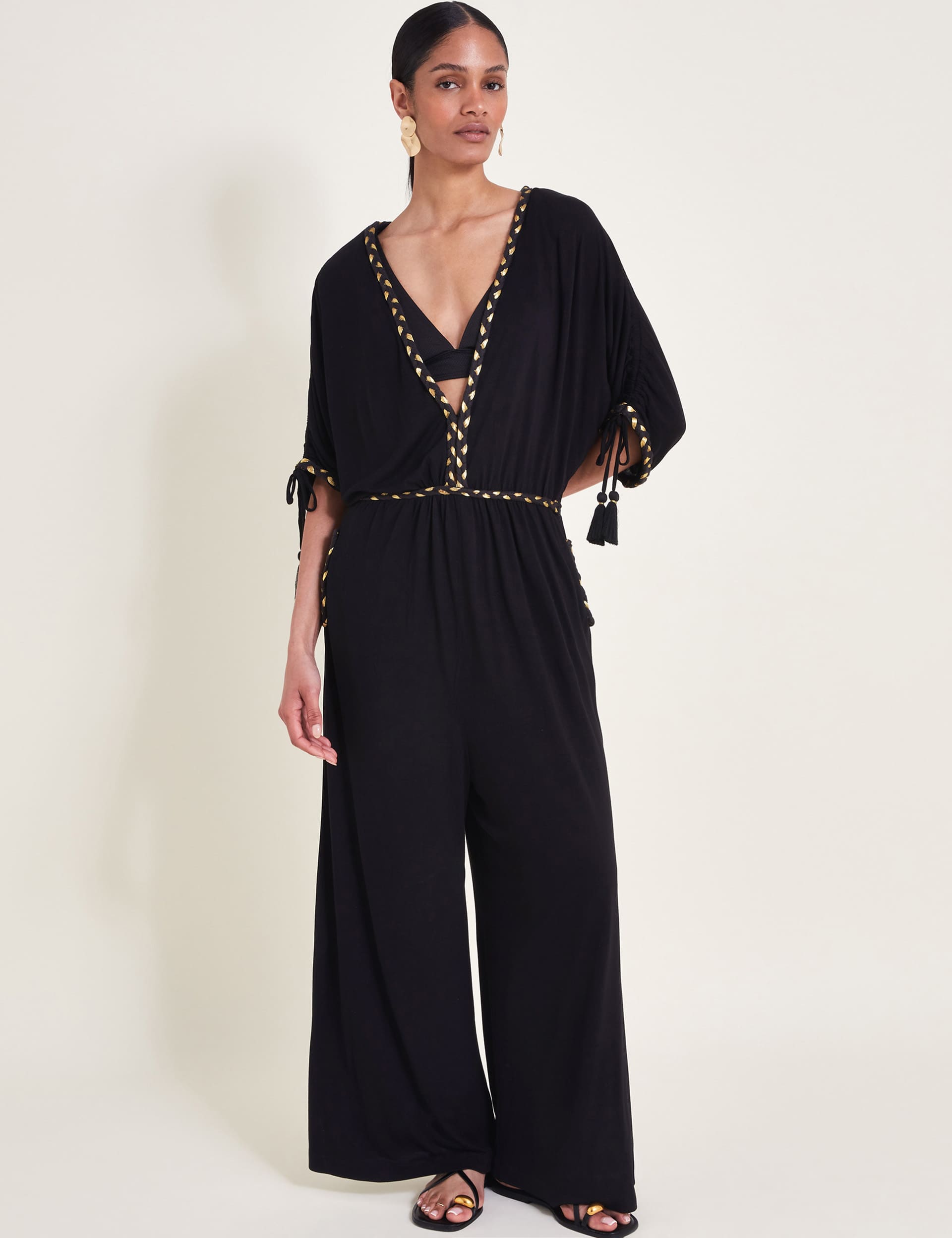 Monsoon Women's Pure Cotton Jersey V-Neck Wide Leg Jumpsuit
