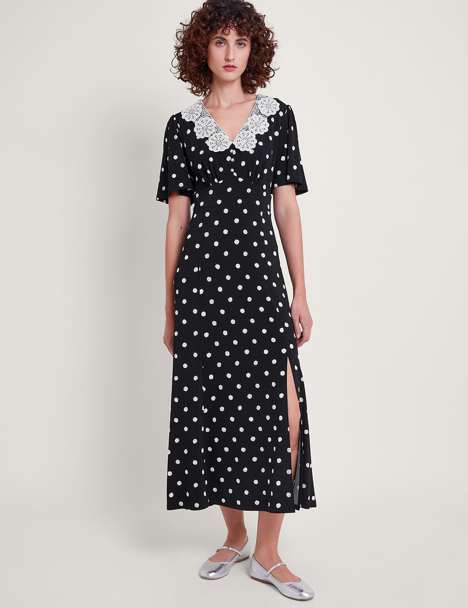 Monsoon Women's Polka Dot V-Neck Midaxi Tea Dress - Black Mix, Black Mix