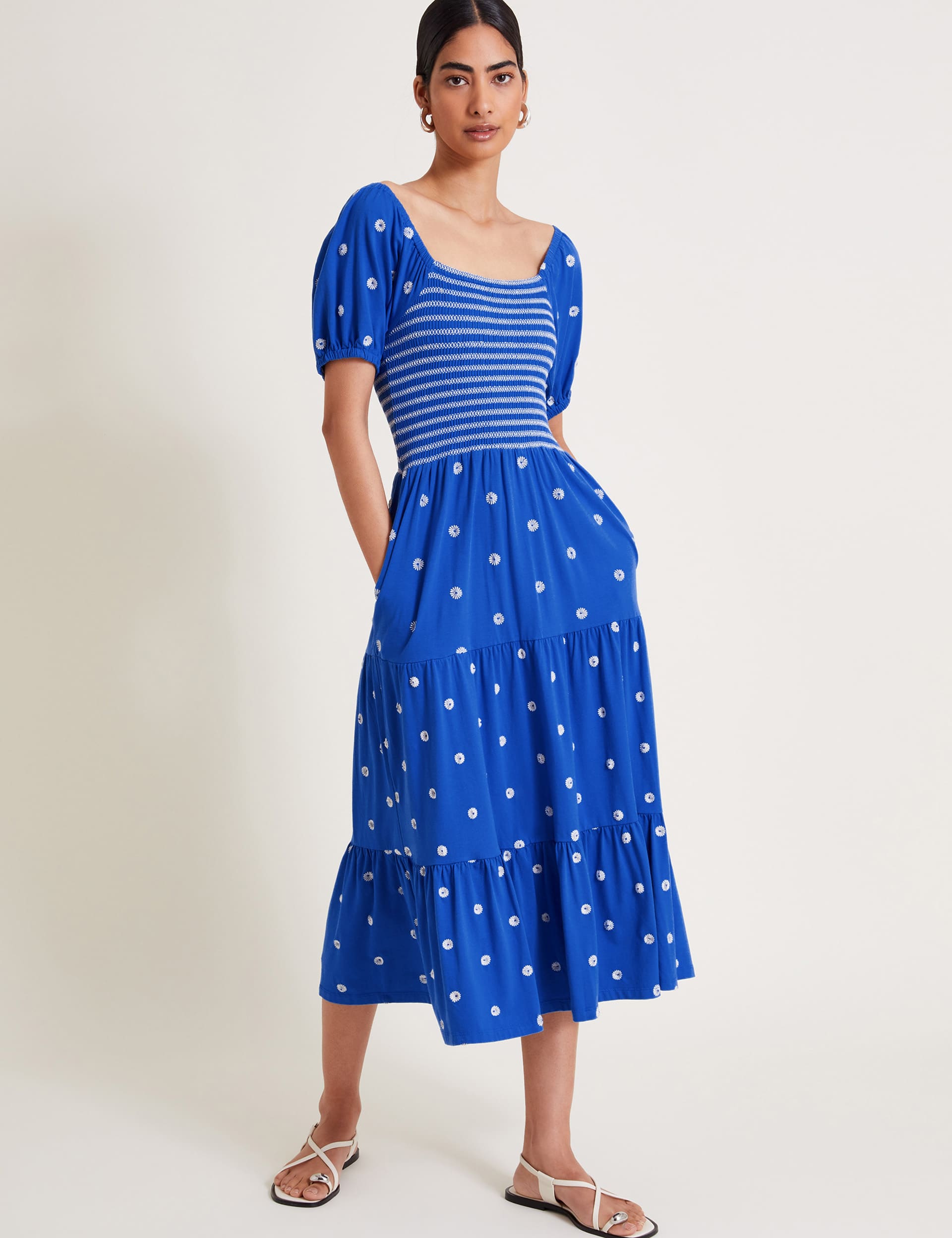 Monsoon Women's Pure Cotton Embroidered Square Neck Dress