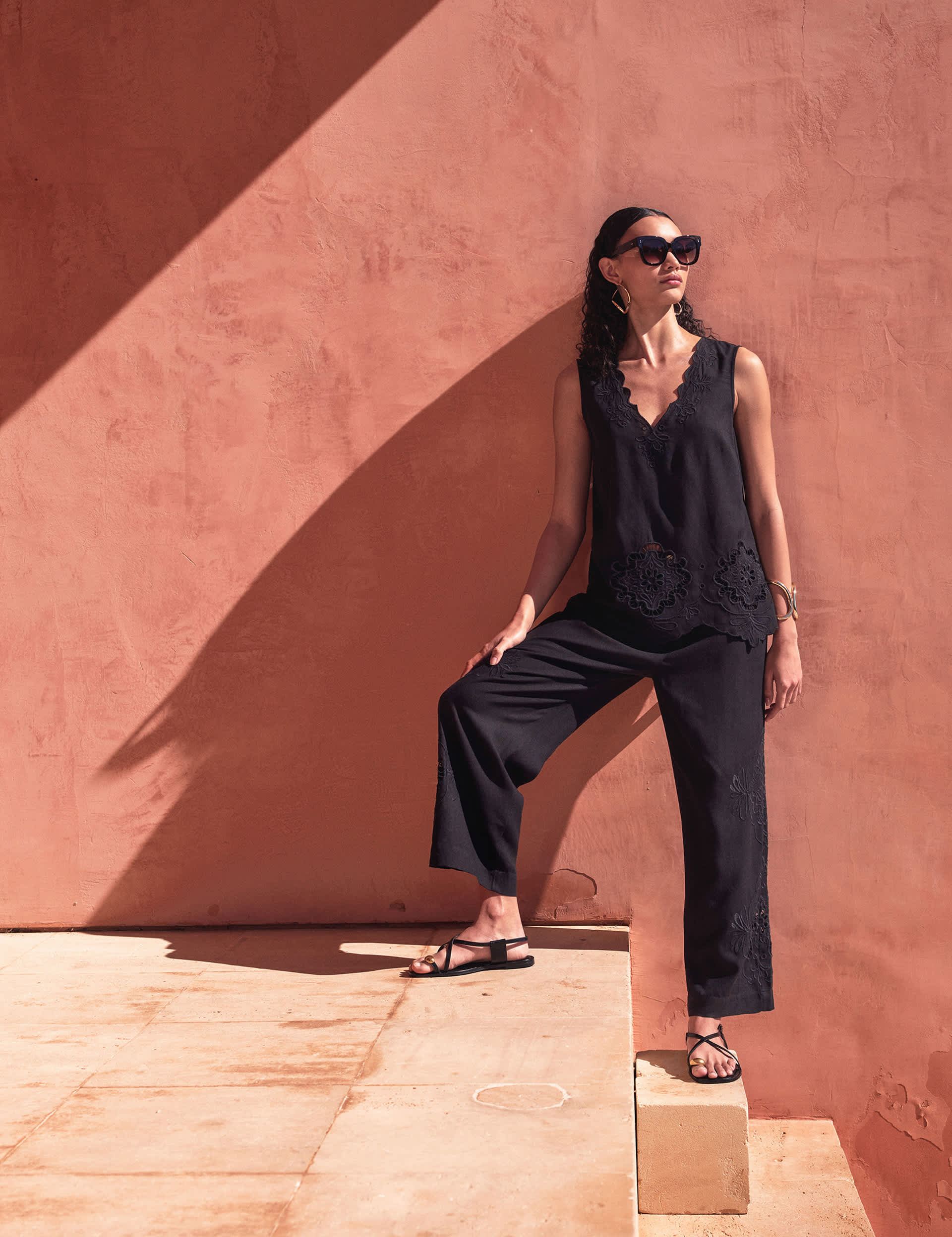 Monsoon Women's Cutwork Straight Leg Trousers with Linen