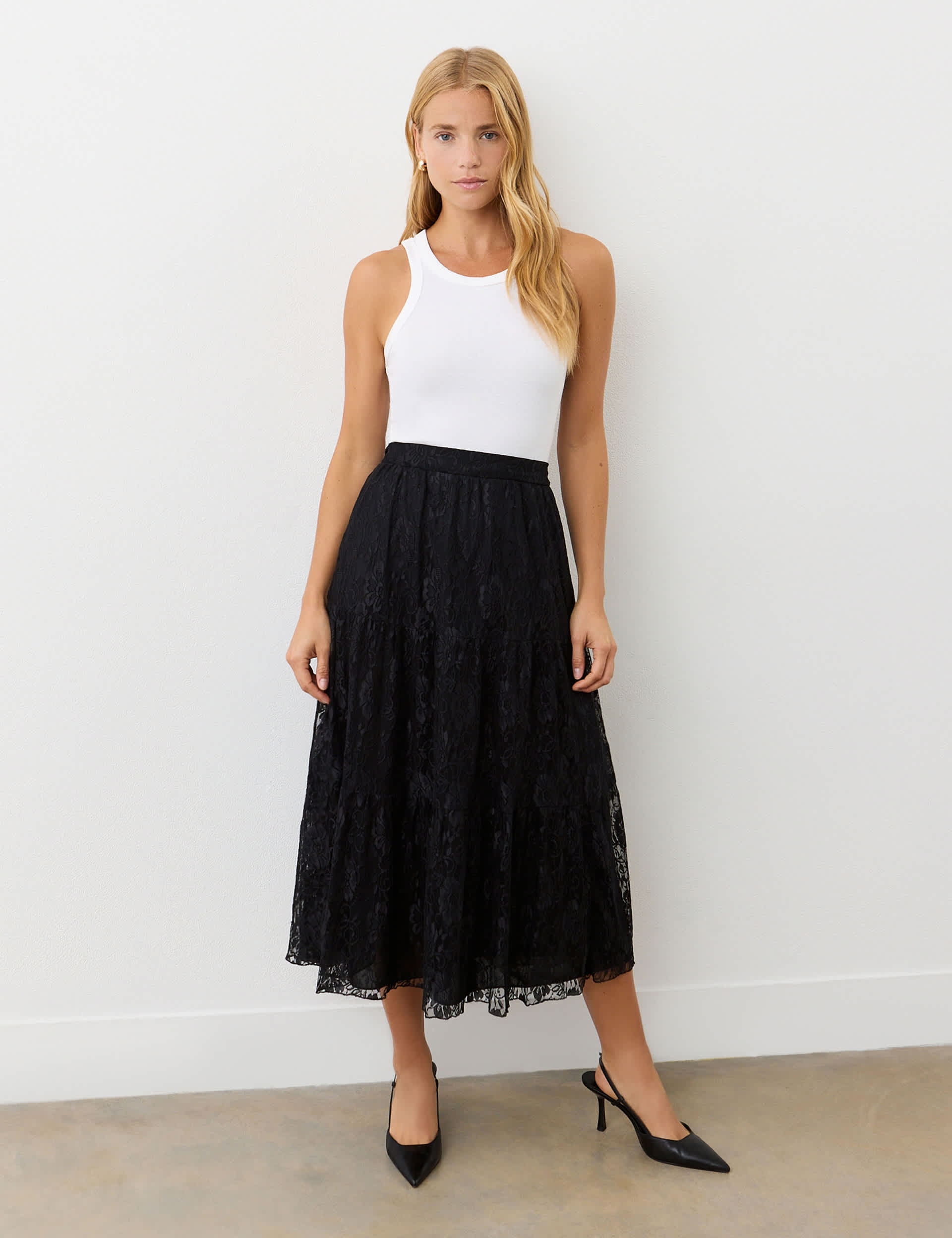 Finery London Women's Lace Midi Tiered Skirt - 14 - Black, Black