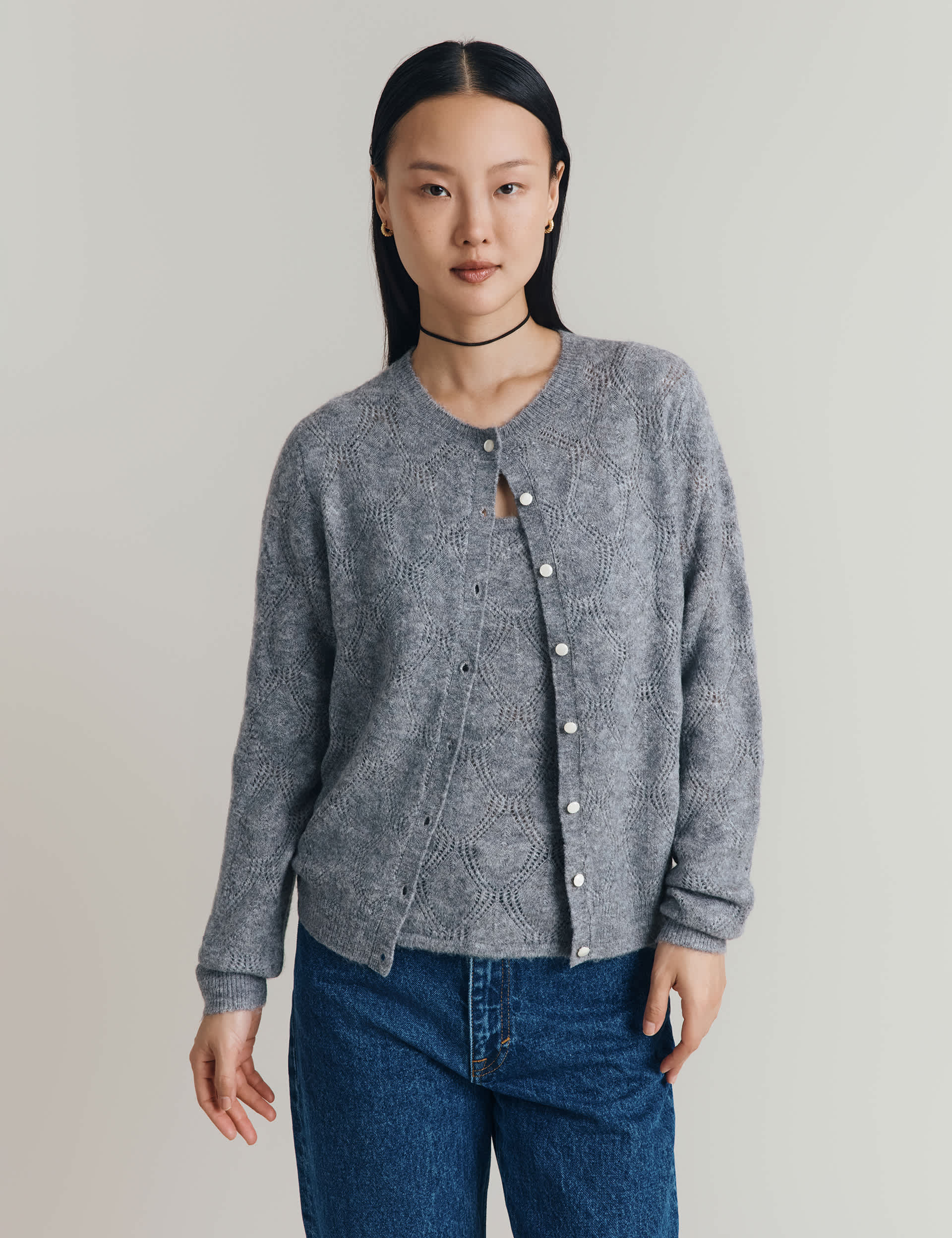 Ghost Women's Pointelle Crew Neck Cardigan with Wool - M - Grey, Grey,Blue