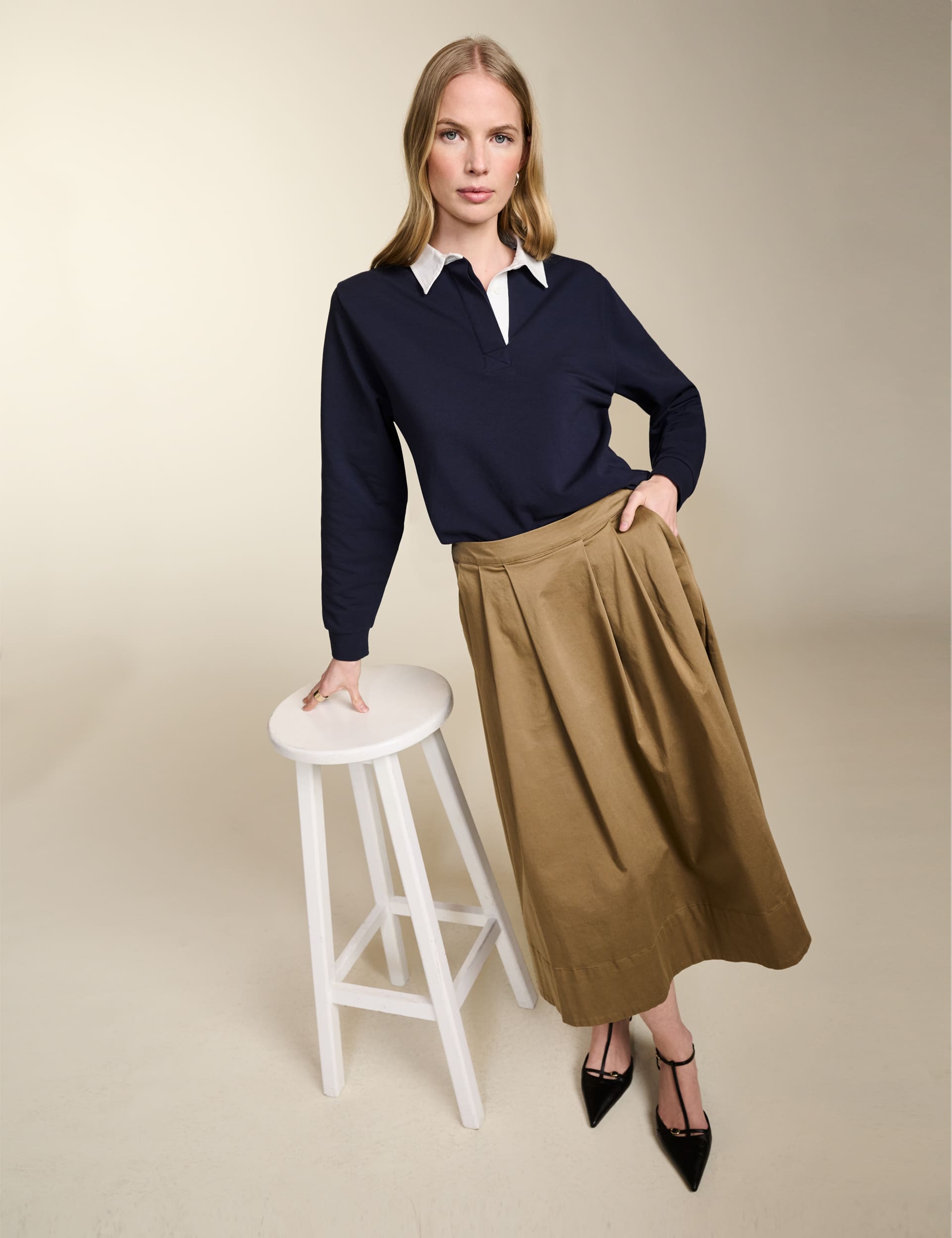 Baukjen Women's Cotton Rich Pleated Midi A-Line Skirt