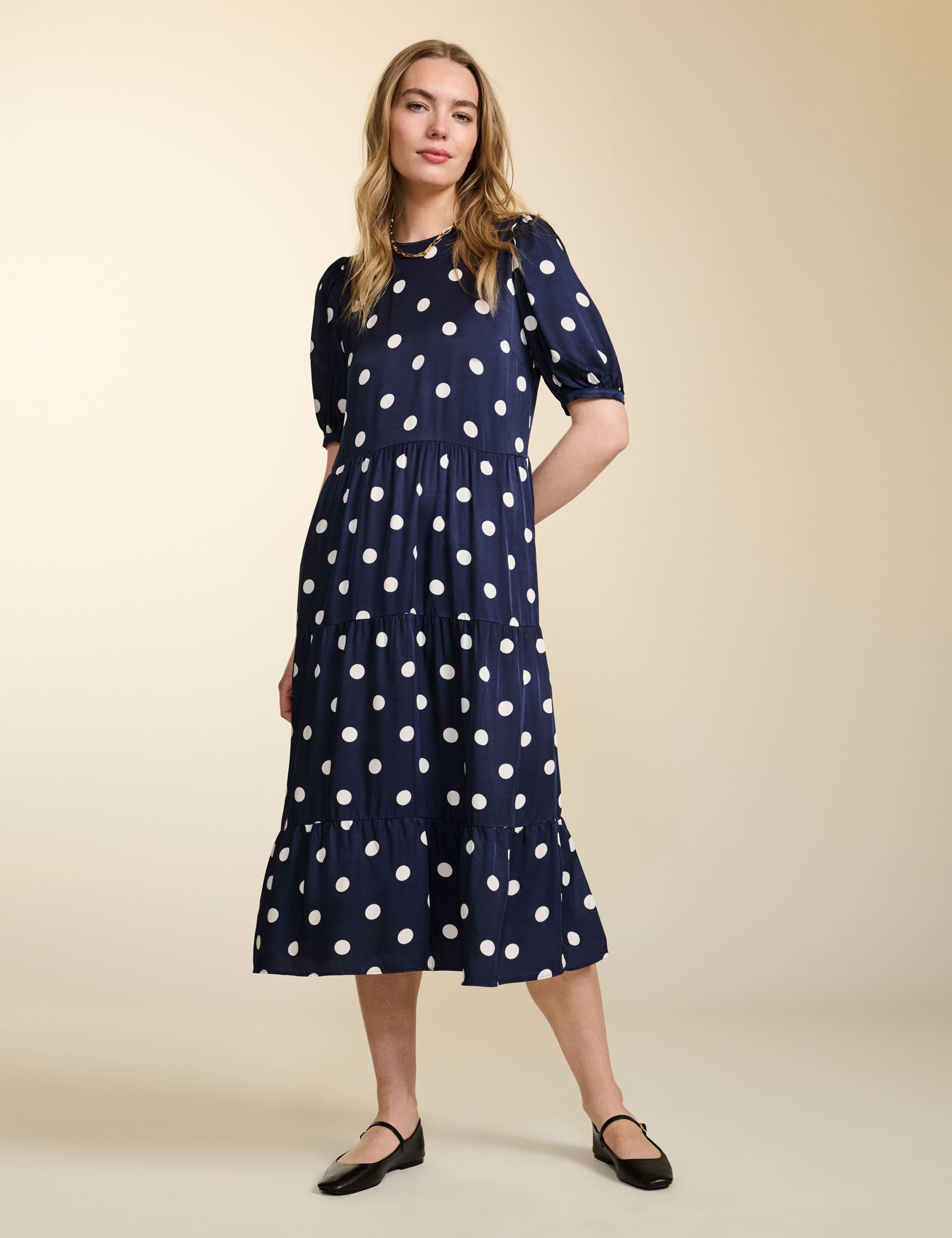 Baukjen Women's Satin Polka Dot Midi Tiered Dress - 12 - Navy Mix, Navy Mix