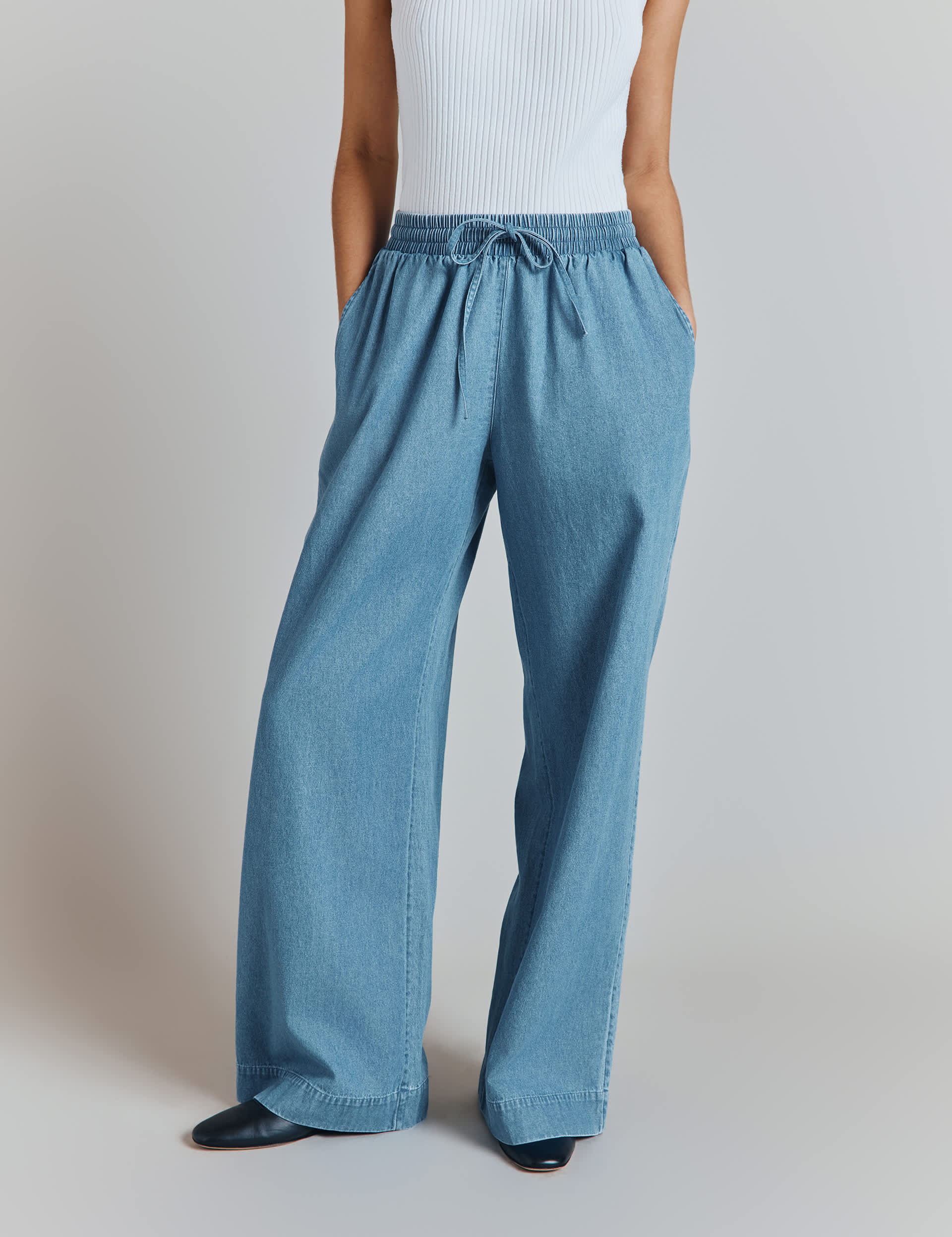 Ghost Women's Denim Elasticated Waist Wide Leg Trousers - Blue, Blue