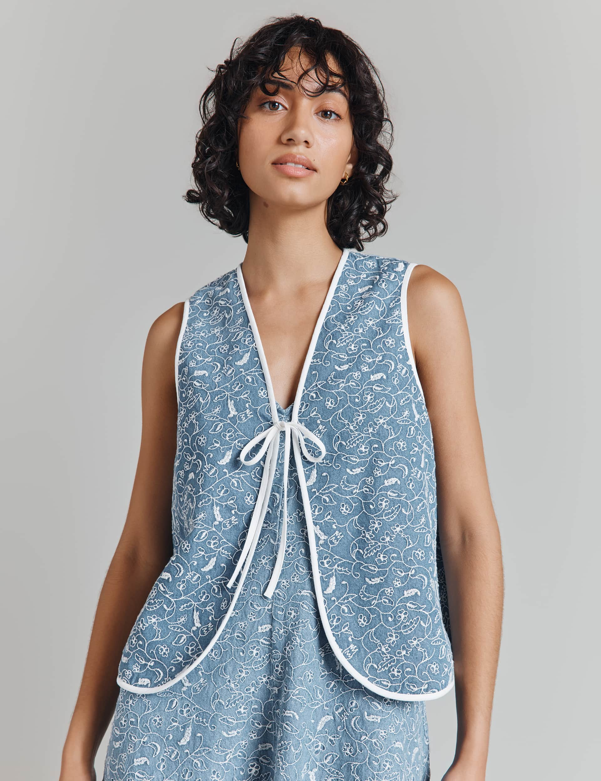 Ghost Women's Pure Cotton Embroidered Collarless Waistcoat - Blue Mix, Blue Mix